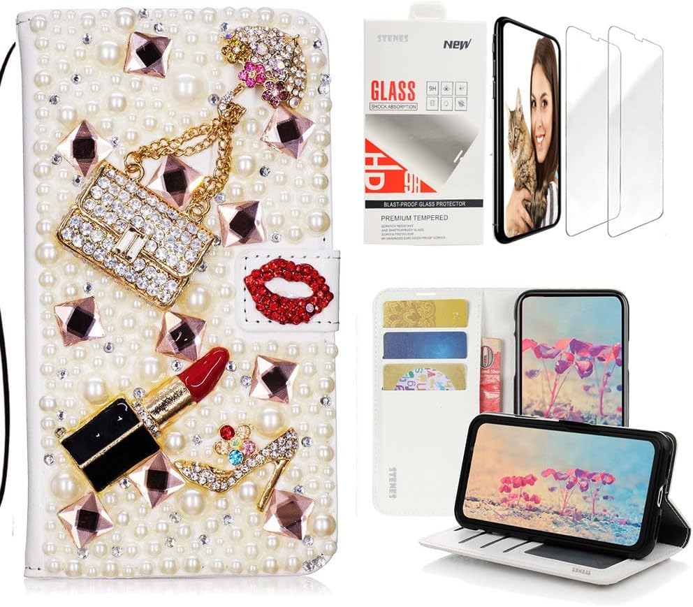 STENES Bling Wallet Case Compatible with Samsung Galaxy S10 6.1 Inch (2019 Release) - Stylish - 3D Handmade Girls Bags Lipstick High Heel Leather Case with Wrist Strap & Screen Protector 2 Pack - Red