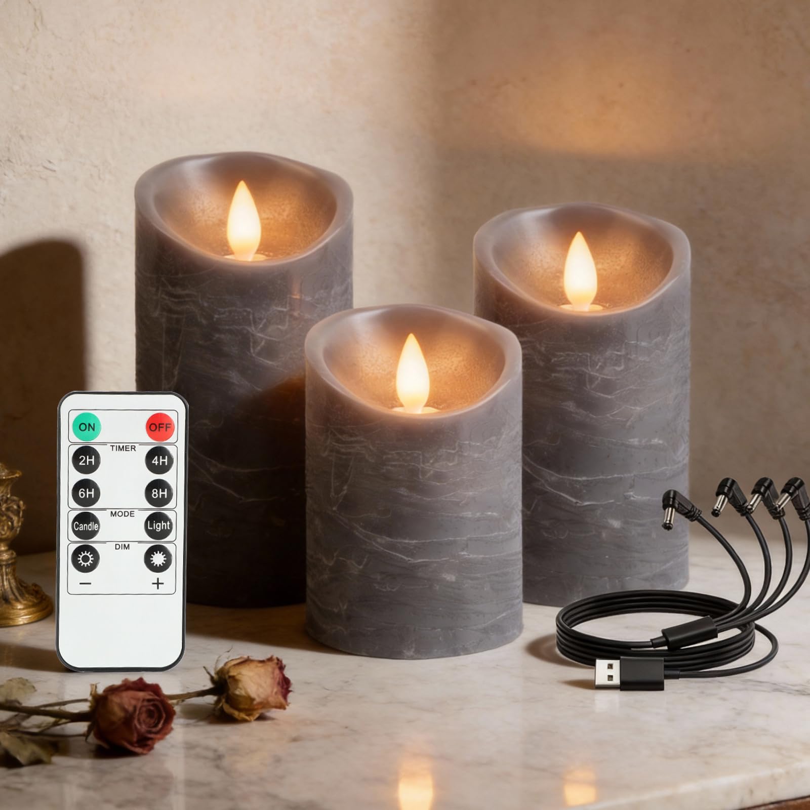 RanBluu 3 Pack LED Candles with Remote Control & 24 Hour Timer, Flameless Real Wax Pillars, USB Rechargeable Flickering Candles for Birthday/Party/Wedding, Gray