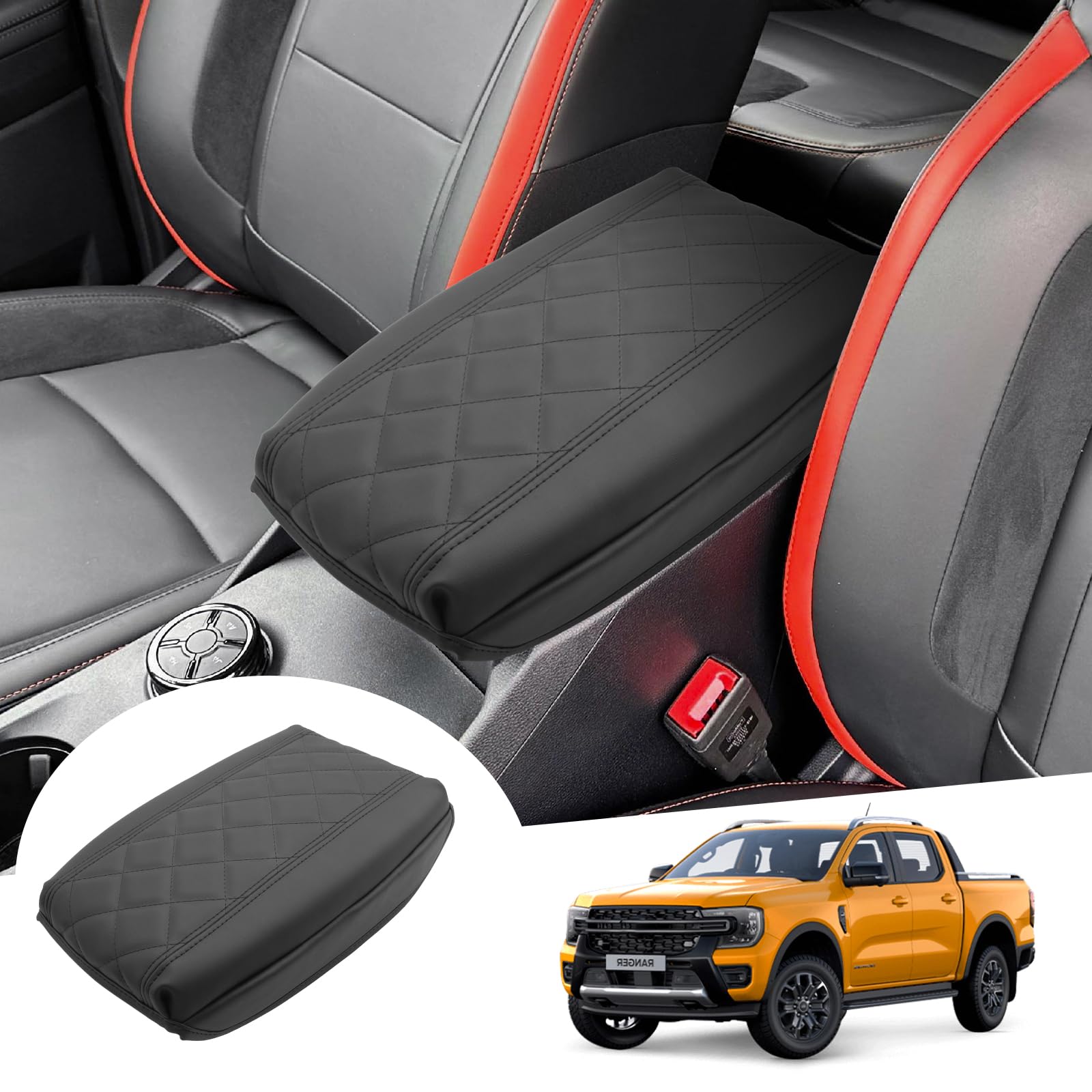 GAFAT Compatibile con Ford Ranger T9 2023-2026 2027 (Freno Elettronico) Copertura Bracciolo Console Centrale, Ranger Raptor Wildtrak Copribraccioli in Pelle PU, 4 CM Aumenta Ispessito Allevia Fatica