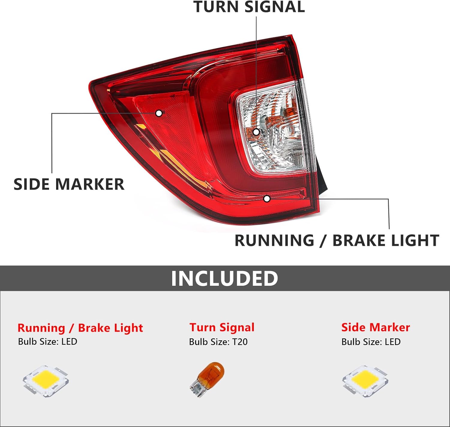 Huray Left Tail Light Assembly for Honda Pilot 2019 2020 2021 [33500TG7A11] OE Rear Lamp Replacement (Outer Left (Driver Side))