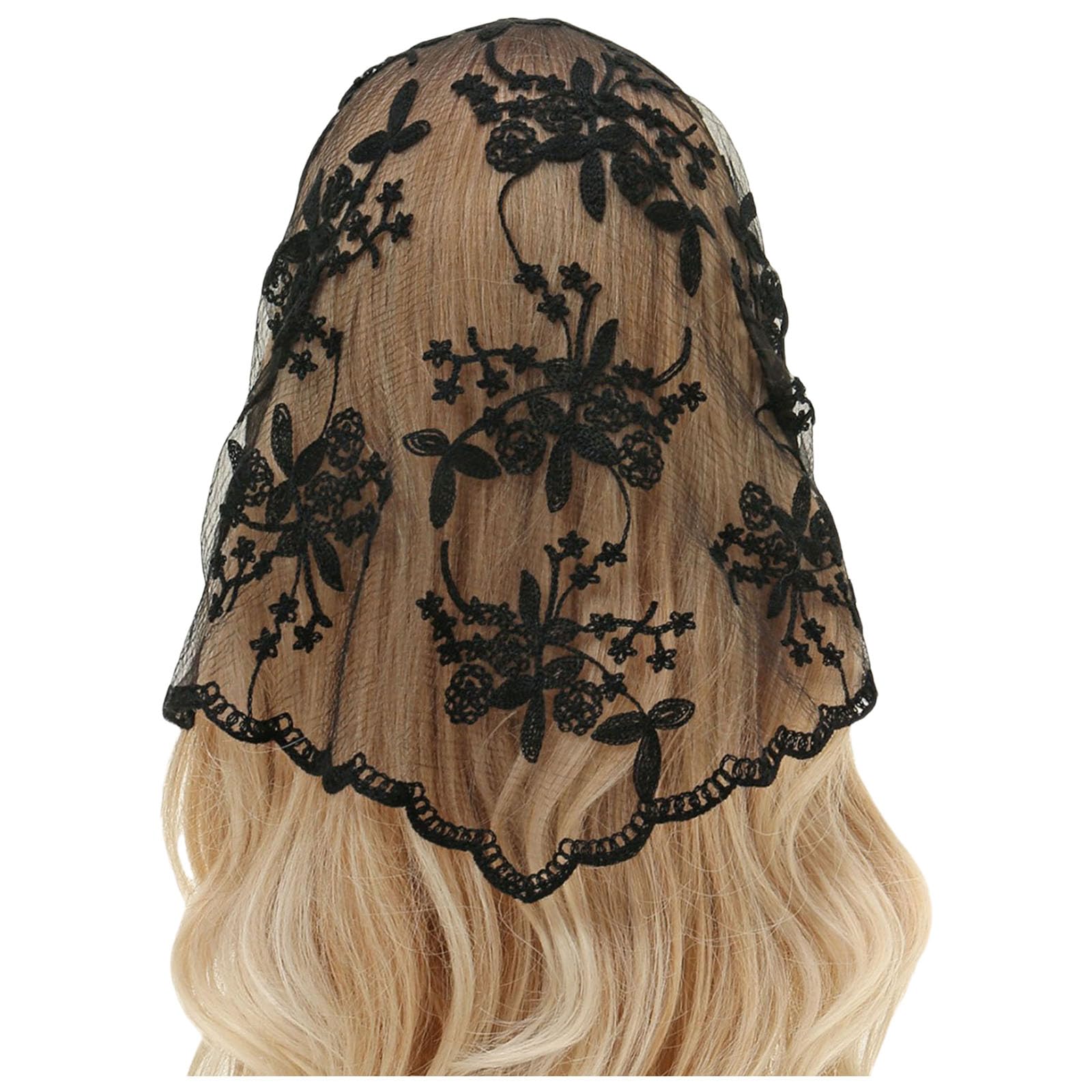 Zeizafa Women's Black Embroidered Lace Triangle Scarf Flower Headband Lace Headscarf Bandana Headband Elegant Scarf Shawl 135X45cm For Woman