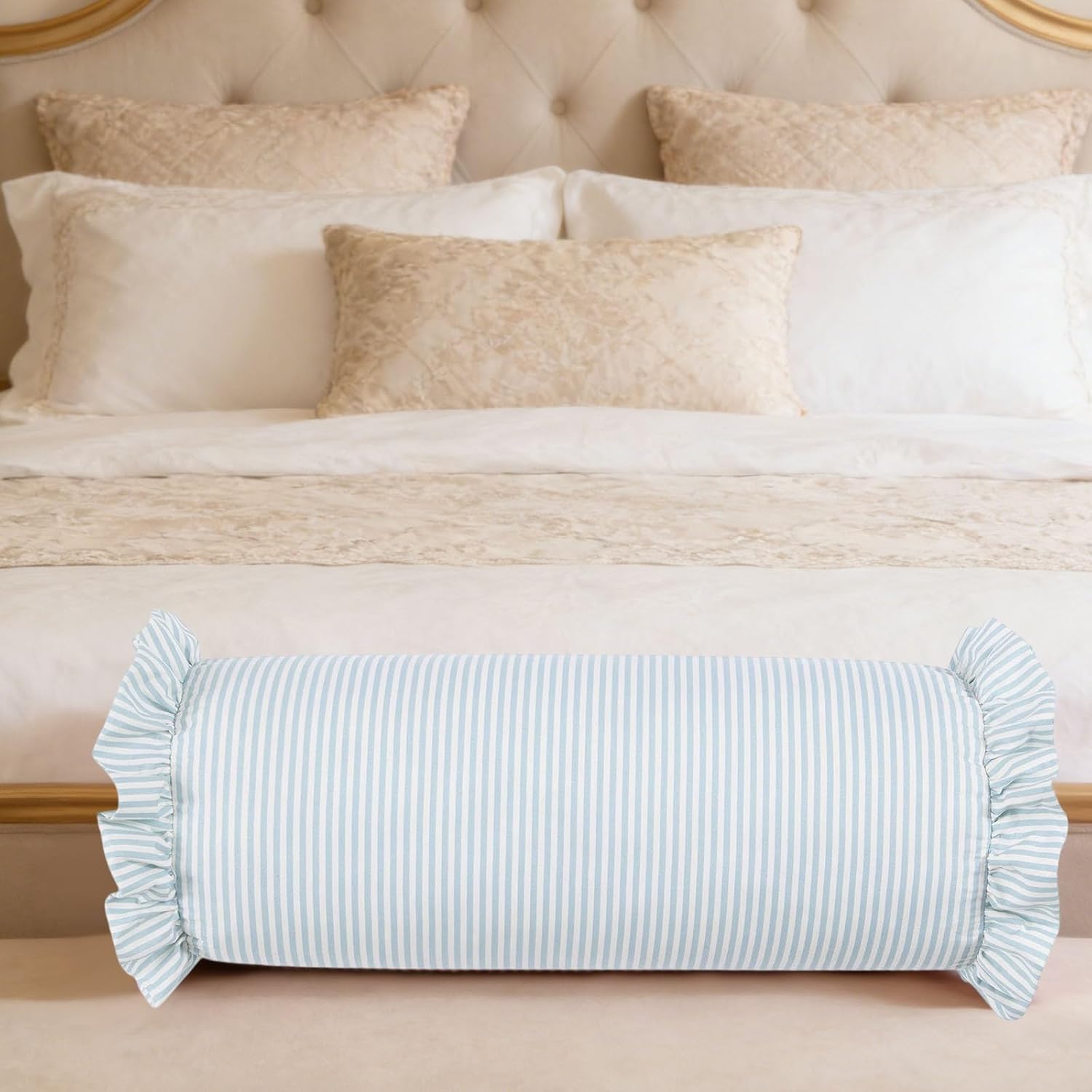 Green Striped Ruffle Bolster Pillow, Decorative Cylinder Pillow with Ruffled Edges, Soft Cylindrical Neck Roll Support Pillow for Bed Sofa Sleeping and Relaxing (Light Blue)