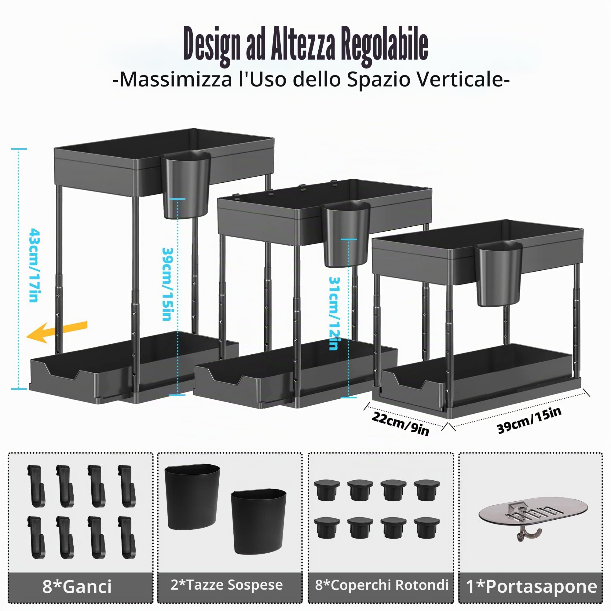 Eufrozy Confezione da 2 Organizer Sottolavello a 2 Ripiani, Ripiani Sottolavello con 8 Ganci e 2 Tazze e 1 portasapone, Scaffale Multiuso Regolabile in Altezza per Cucina, Bagno, Nero