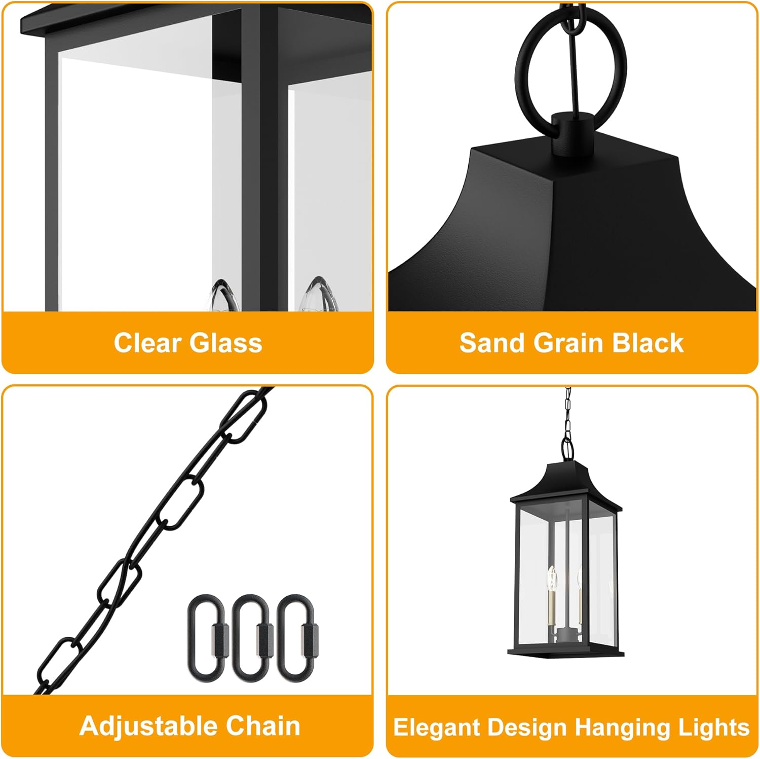 20.5" Outdoor Pendant Light, Outdoor Hanging Lantern Light with Adjustable Chain, Black Outside Chandelier Light Fixture with Clear Glass, Exterior Ceiling Mount Light for Porch, Patio