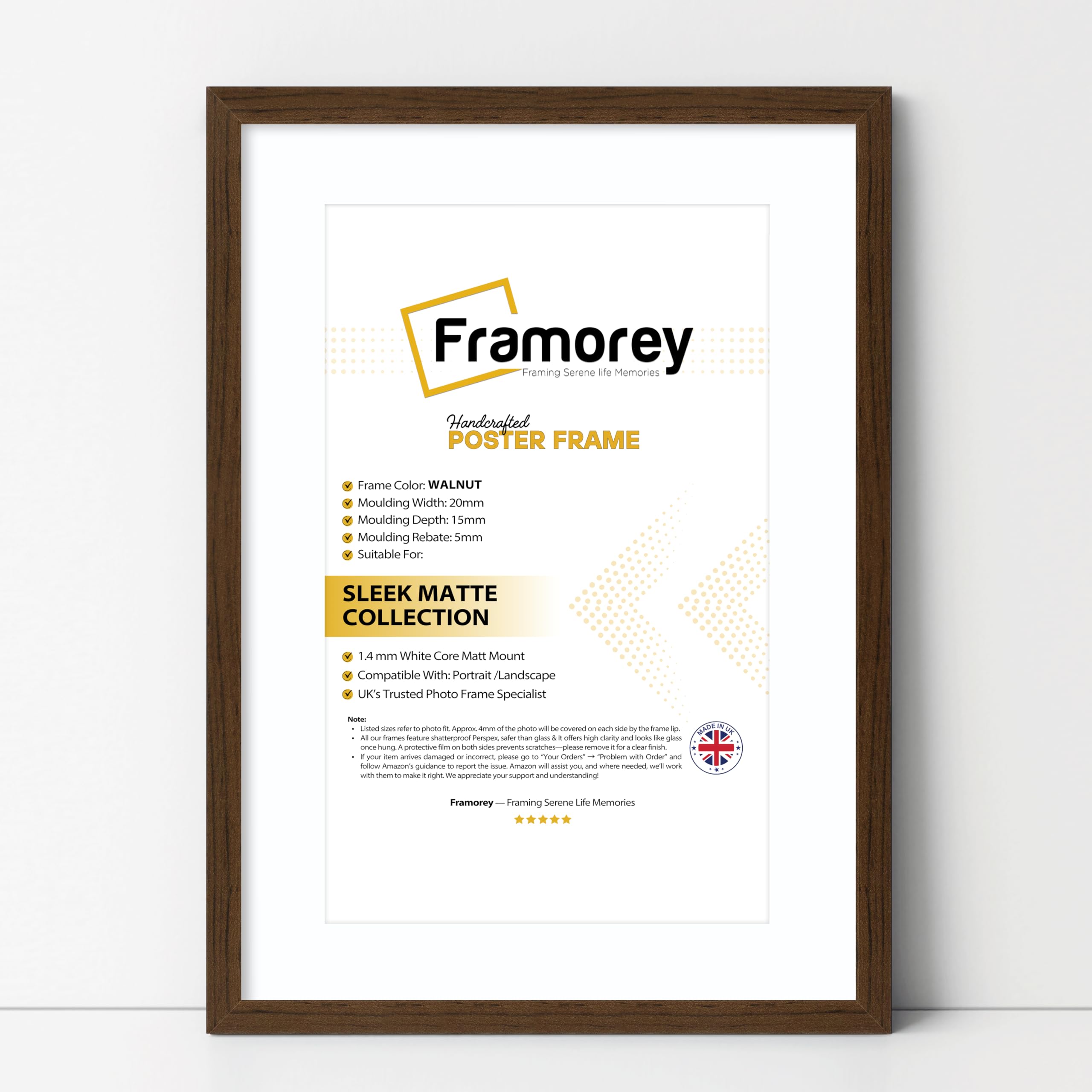 FRAMOREY Thin Matt Walnut Photo Frames 14x12" Size Picture Frame With 12x10" Size White Mount, Flat Wooden Effect Photo Frames, Home Décor Frame, Wall Art Poster Frame