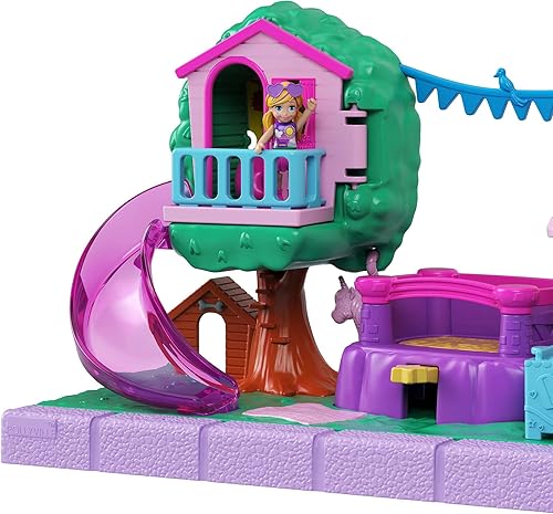 Miniatura 3 de Polly Pocket Pollyville Playground Adventure Playset, muñeca Micro Polly, casa del árbol, tobogán, castillo animoso, gimnasio de la selva, carrito