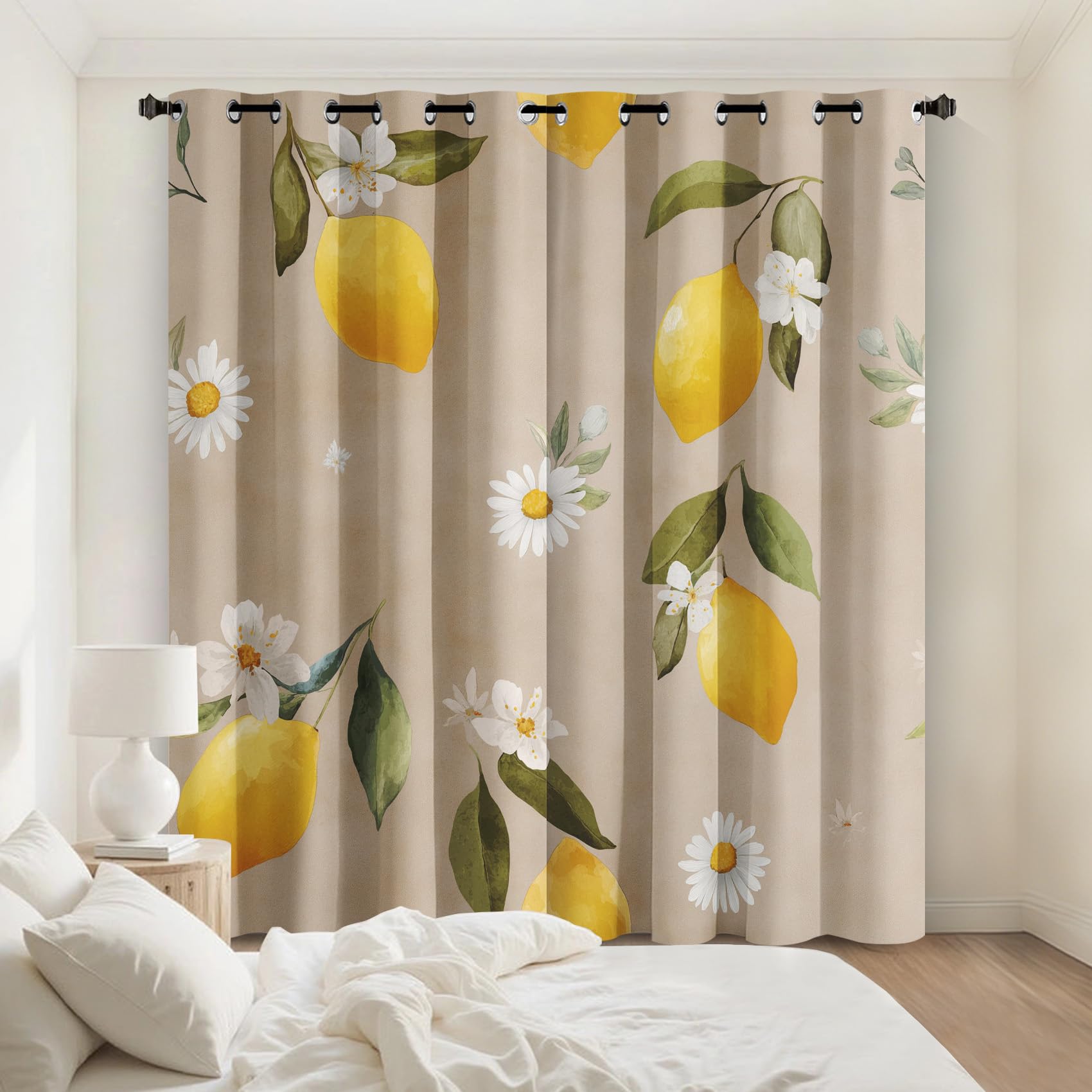 Rideau Occultant Citron Draperies Intérieurs Motif Marguerite Blanche L140xH220