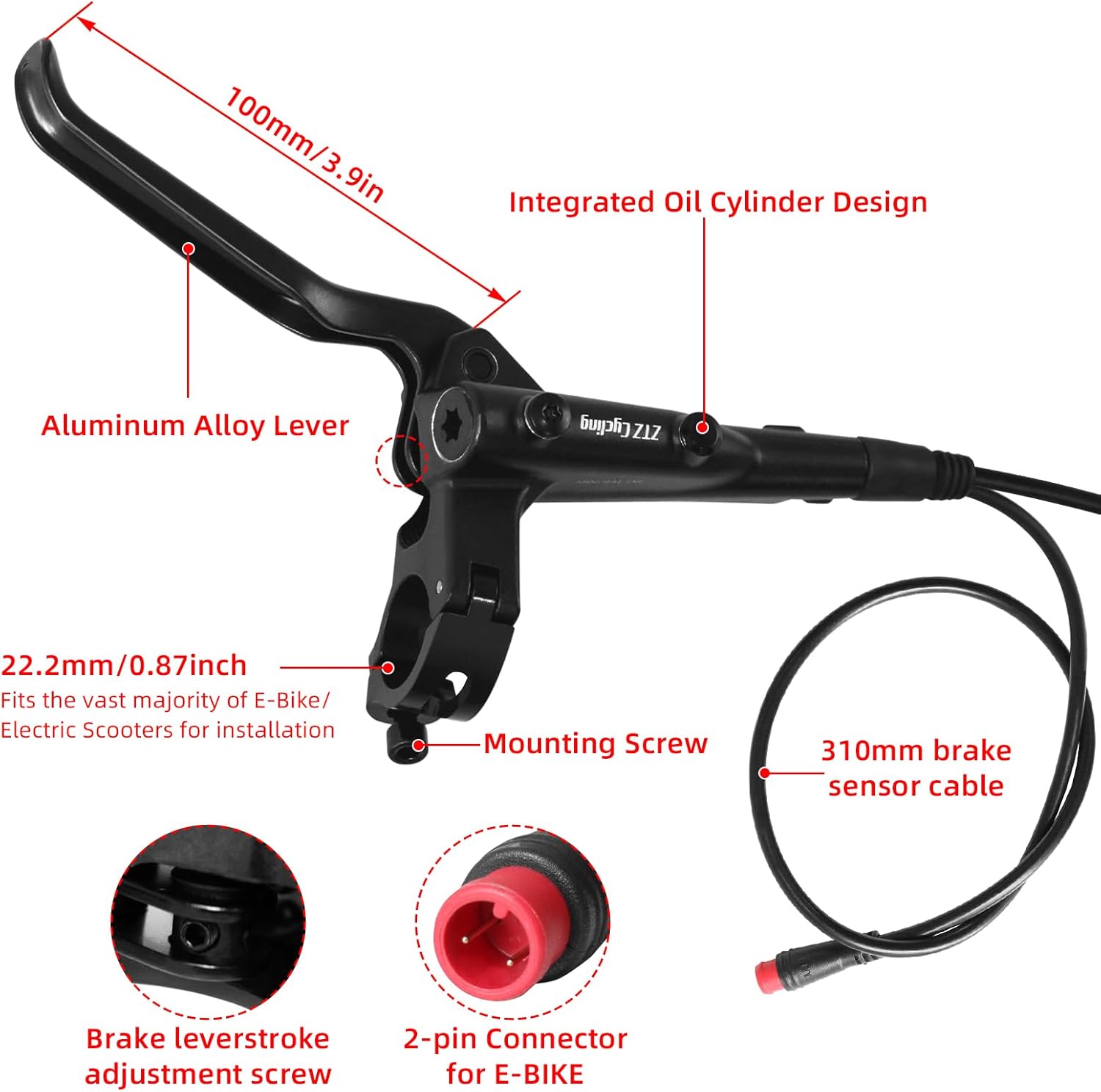 ZTZ eBike Hydraulic Brake Set with 160mm Rotors,2-Piston 2-PIN Power-Off Hydraulic Disc Brake for E-Bike,Left Front 950mm Right Rear 1880mm Electric Bike Hydraulic Brakes