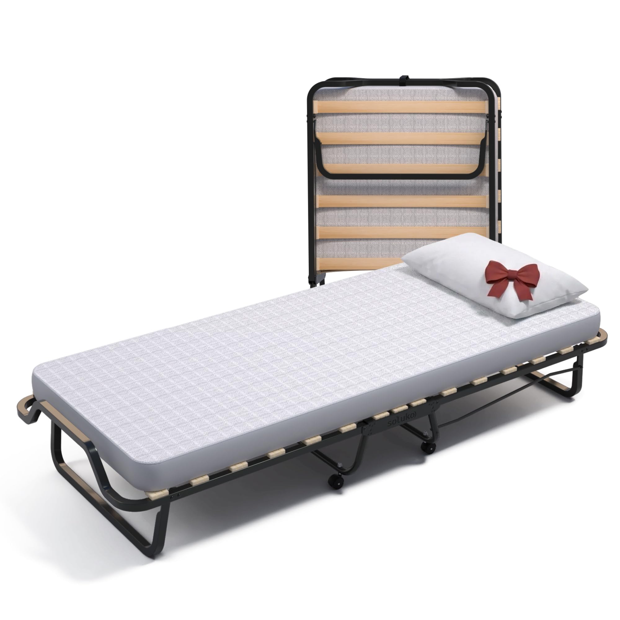 Soluko | Letto Brandina Pieghevole a Doghe Con Materasso Polyuretano e Copertura Salvapolvere Inclusa, Struttura Resistente e 4 Ruote Girevoli, 100% Made In Italy 80x200 Singola