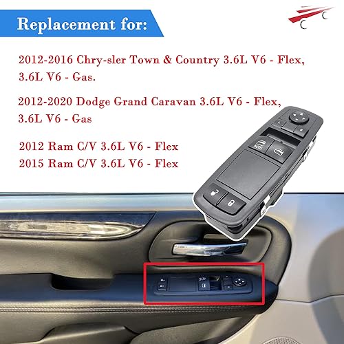 Miniatura 2 de 68110870AA Interruptor de ventana eléctrica de la puerta del lado del conductor para Chrysler Town Country 2012-2016 Dodge Grand Caravan Ram CV 3.6L