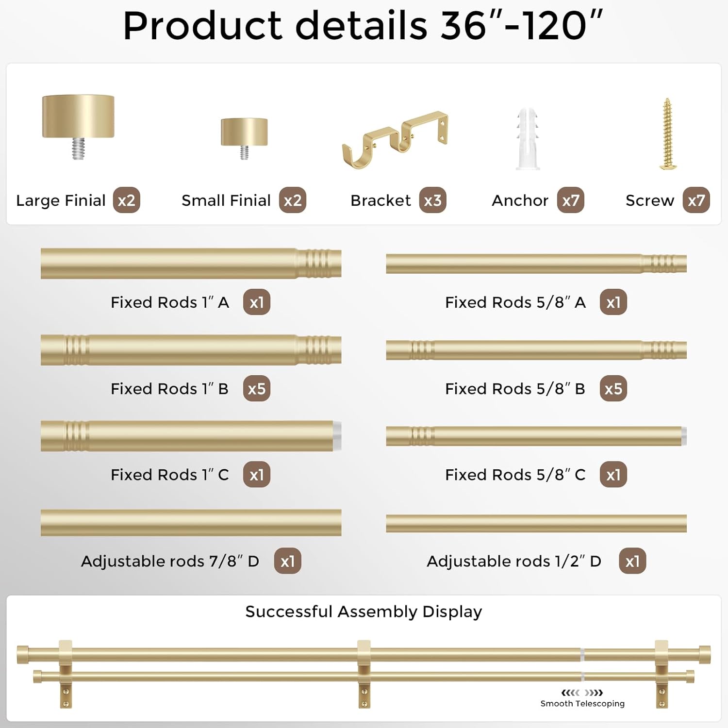 Gold Double Curtain Rod, 84 to 120 Inch Long Dual Curtain Rods with Aluminium Modern End Cap Finial, 1 Inch Adjustable Heavy Duty Window Treatment Rods, Telescopic Metal Double Drapery Pole Set