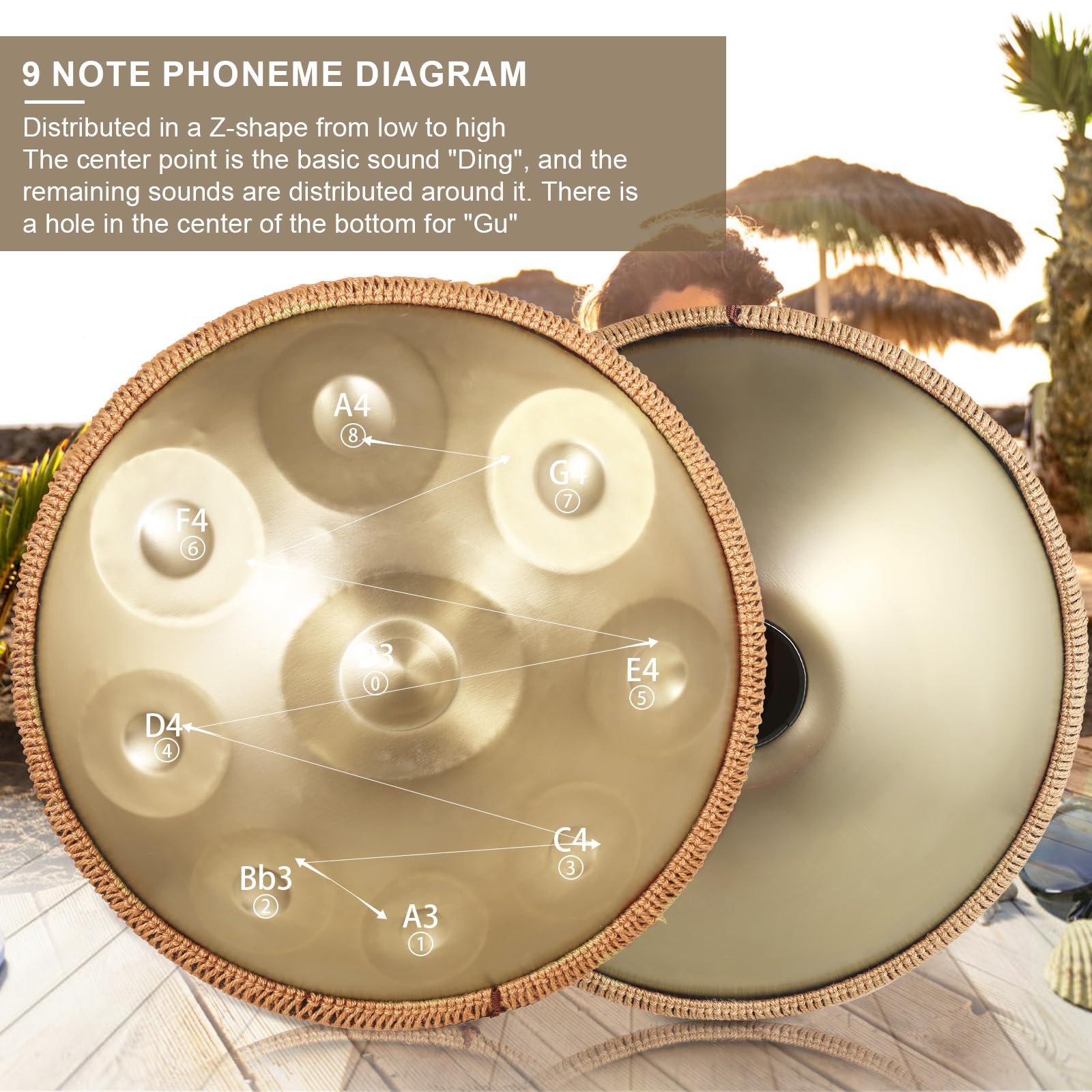 Handpan, 22 pulgadas 9 notas 440 Hz Oro Acero Tambor de Lengua en Re Menor Handpan Drum para Yoga, Meditación con Baquetas de Bolso, Soporte de Tambor