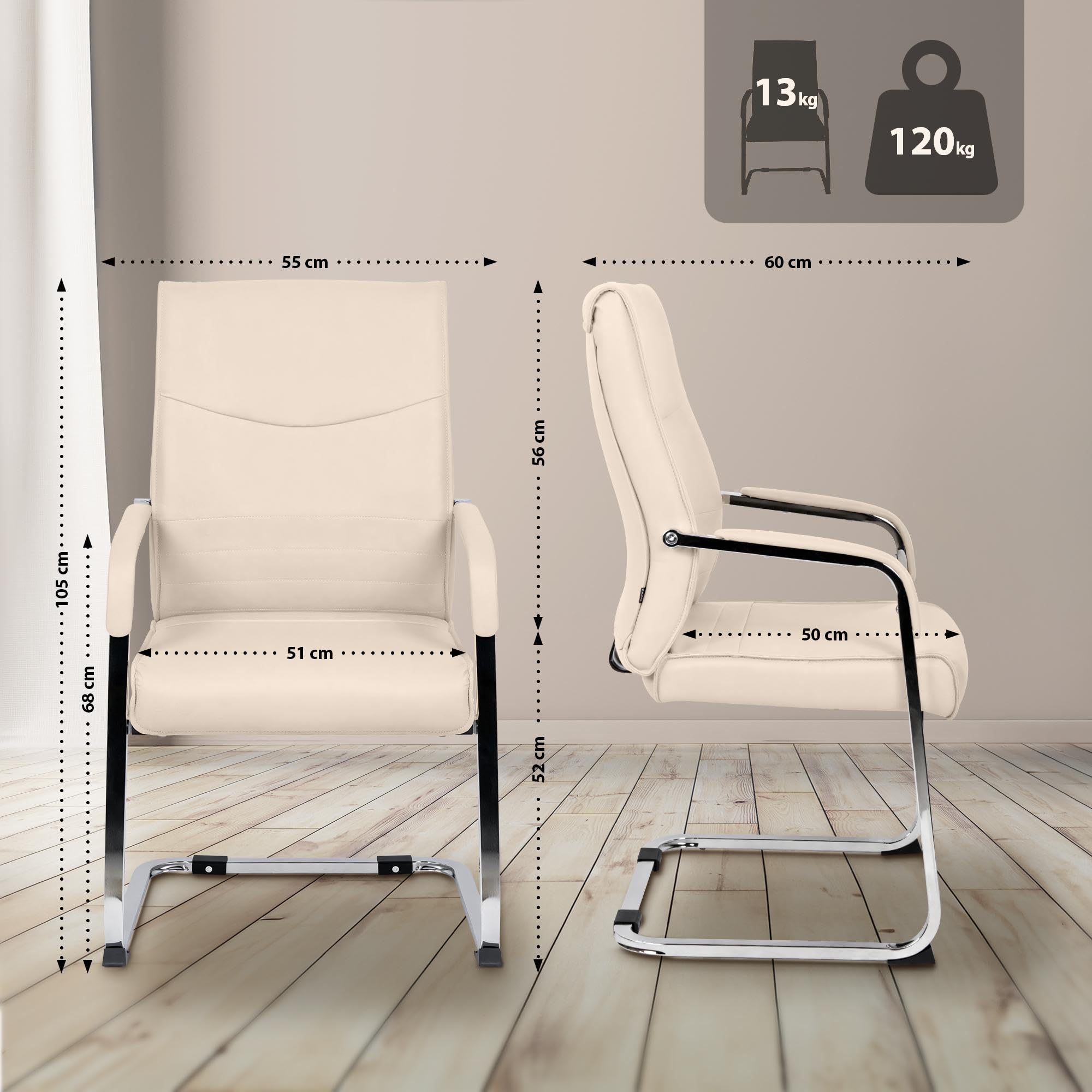 CLP Set di 2 sedie da pranzo ergonomiche Hobart, a sbalzo con braccioli imbottiti, struttura in metallo robusta, sedie da conferenza moderne, Colore:crema, Materiale:Ecopelle