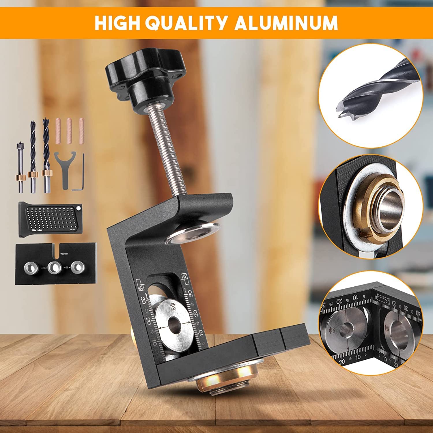 Dima Fori a Tasca Kit 8/10/15mm,Aomdom 3 in1 Dima per spinatura legno per la lavorazione del legno con clip di posizionamento di regolabile Localizzatore Guida di Perforazione Regolabile