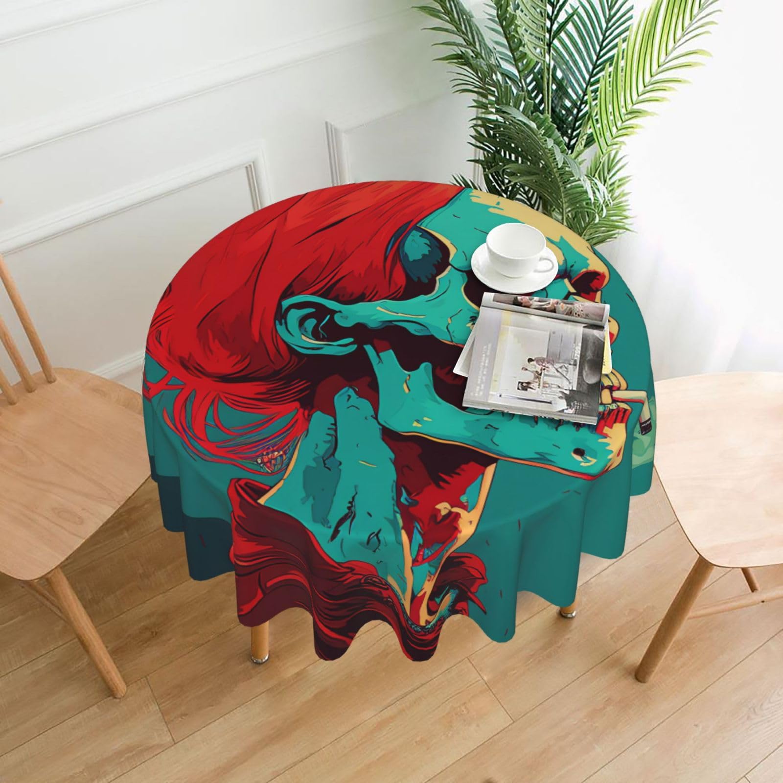 QMKFWT Skull Red Printed Round Tablecloth,Dust-Proof Wrinkle Resistant Table Cover Washable Polyester Table Cloth for Kitchen Dining Room Farmhouse Picnic Indoor Outdoor(Round 60 Inch)