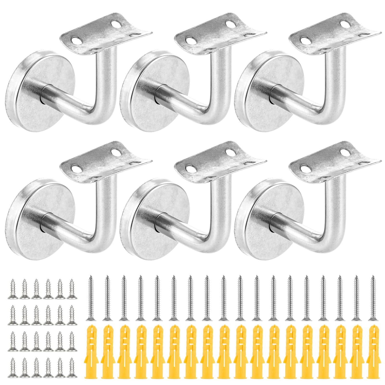 6 soportes para pasamanos de acero inoxidable, 60 x 60 mm, soporte de pared, soporte para pasamanos con roseta, soporte de pasamanos plateado para pasillos, escaleras y baños
