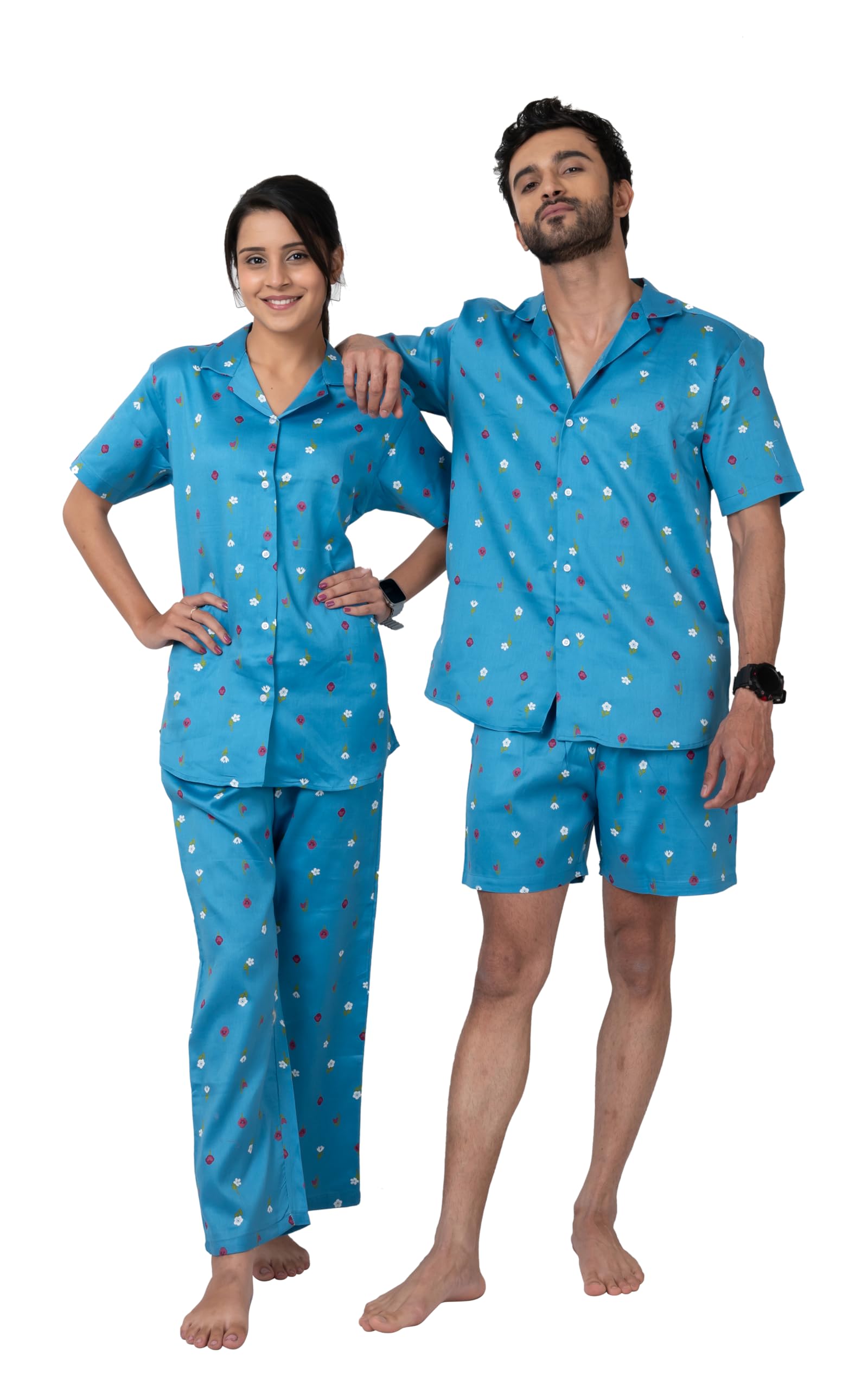 tebha Couples Co ord Set | Fancy Cotton Co-ord set for Men & Women | Design: Small Flowers, Color: Blue-picture-23