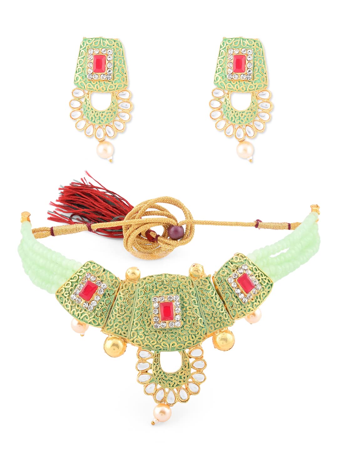 ZAVERI PEARLS Pastel Green Enamel Multistrand Beads & Pink Stones Necklace & Earring Set For Women-ZPFK10253 (B093Y66JZ3) Amazon Price History, Amazon Price Tracker