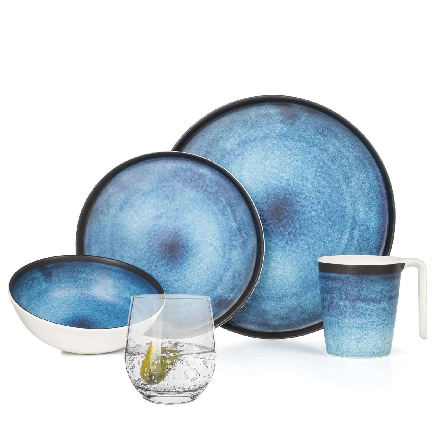 Set di stoviglie da campeggio in melamina, per 4 persone, Deep Ocean + 4 bicchieri Tiamo, stoviglie da tavola, picnic, barbecue
