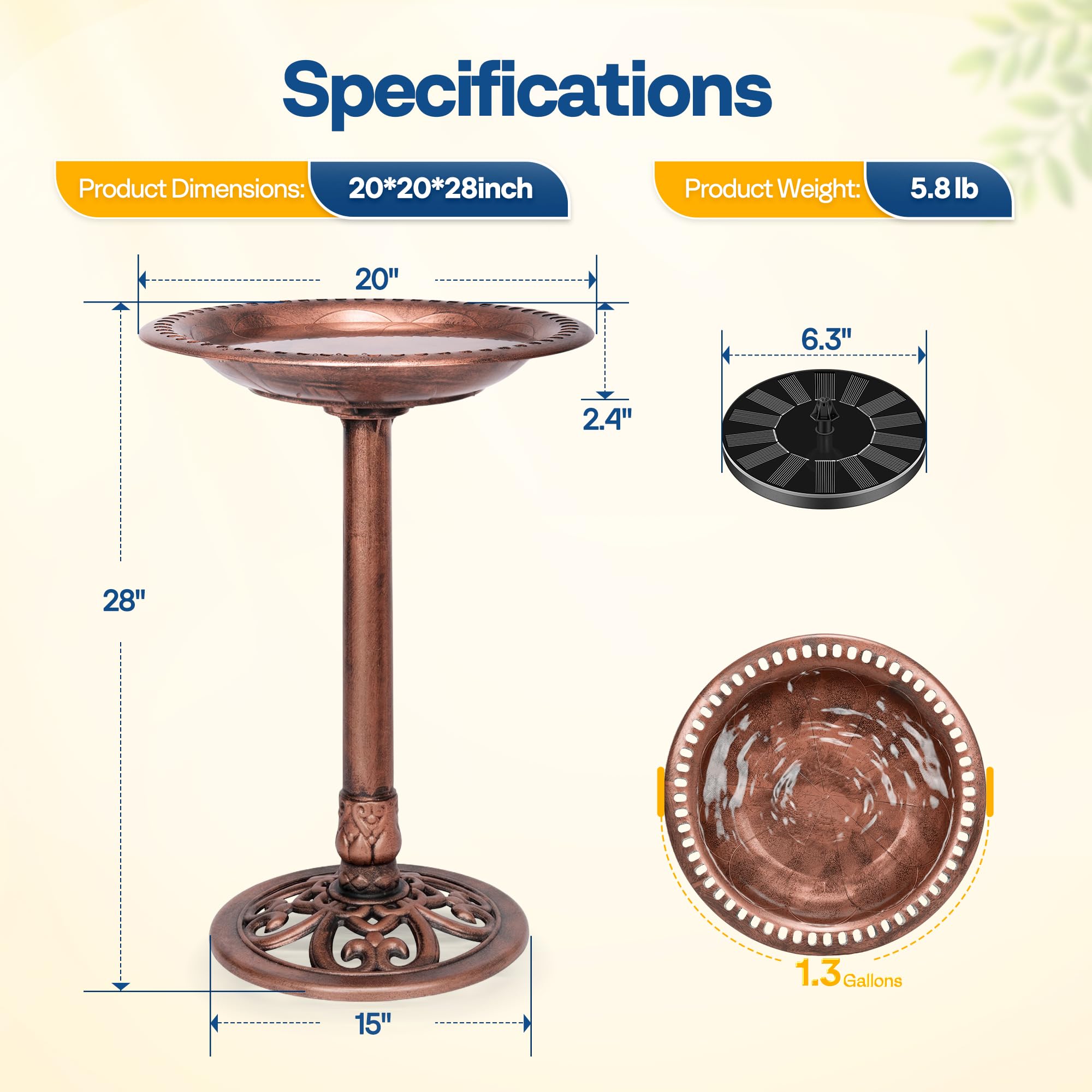 VIVOHOME Polyresin Antik Outdoor Bronze Garten Vogeltränke und solarbetriebene runde Teichbrunnen Kombi-Set | Solarpumpe aus wetterbeständigem Polyresin, 50,8 cm Schale, für Outdoor/Garten, Vogelfreundlich, leicht zu reinigen