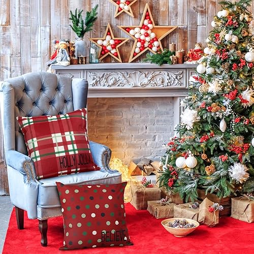 Miniatura 5 de 4 fundas de almohada de Navidad de 18 x 18 pulgadas, fundas de almohada de lunares rojos de Navidad para decoración de Navidad, invierno,