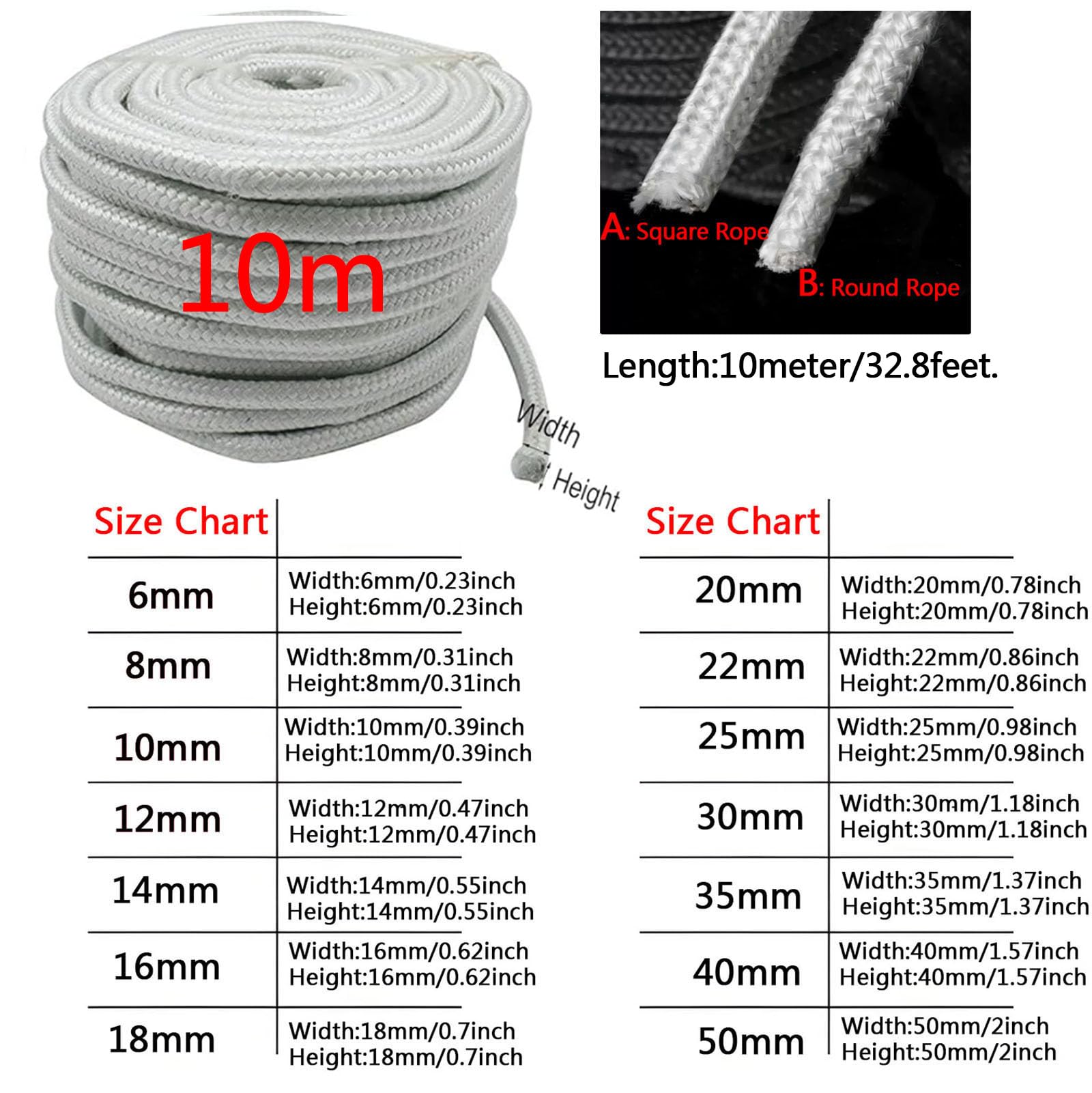 Junta de cuerda de fibra de cerámica de 10 m, sello cuadrado trenzado de alta temperatura para caldera, horno, horno y fundición (blanco, 14 mm)