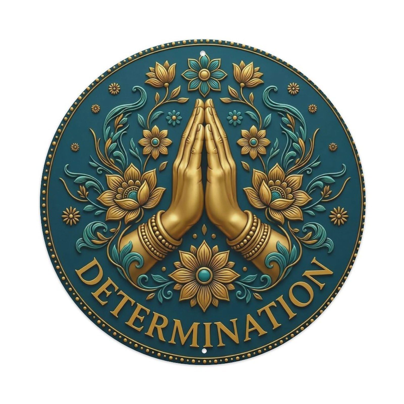 Vintage Namaste Praying Hands Determination Flower Zen Yoga Metal Tin Sign