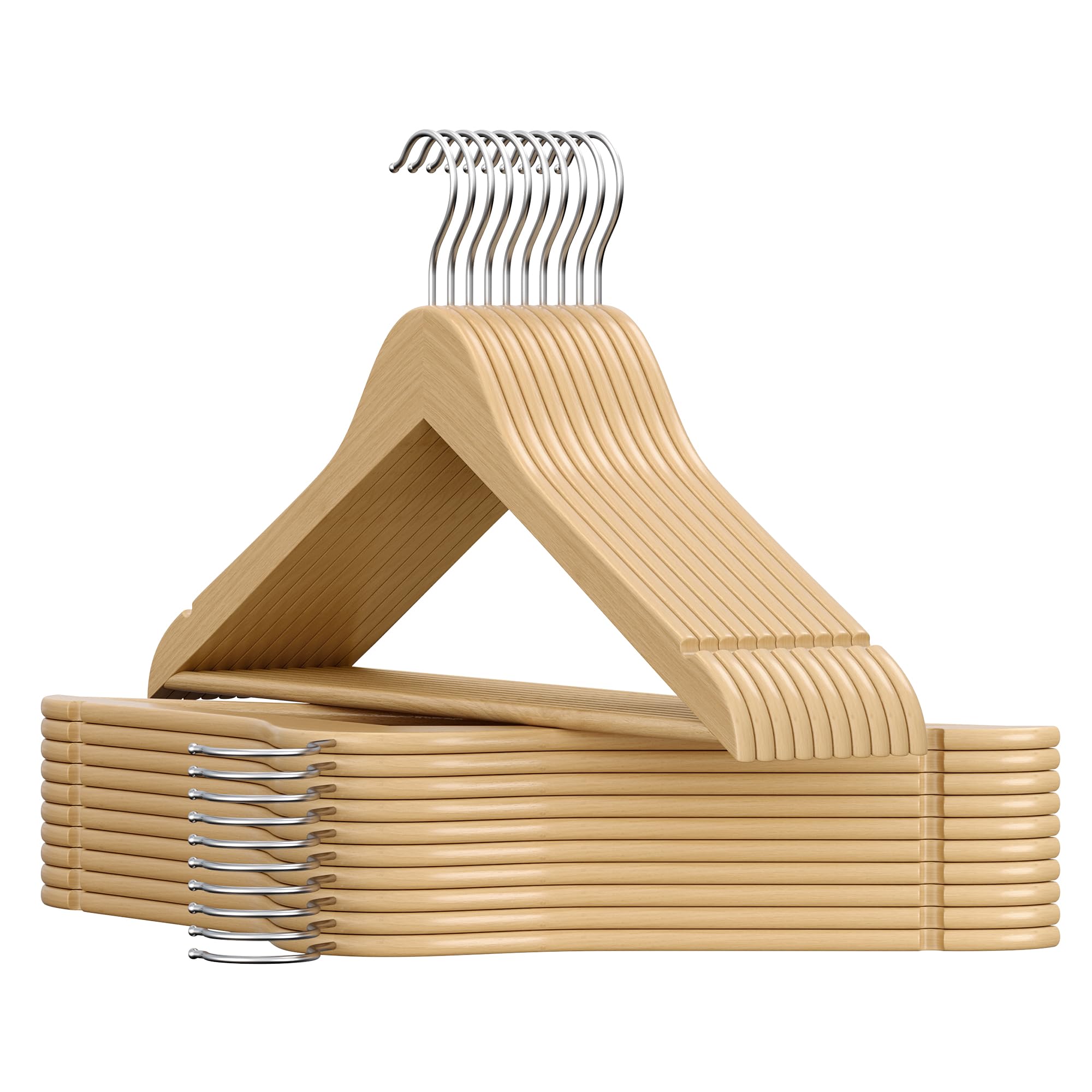 SONGMICS Wooden Hangers, Pack of 20, Coat Hangers, Pants Bar, 360ยฐ Swivel Hooks, Solid Birch Wood, for Jackets, Shirts, Coats, Natural Beige CRW040K01