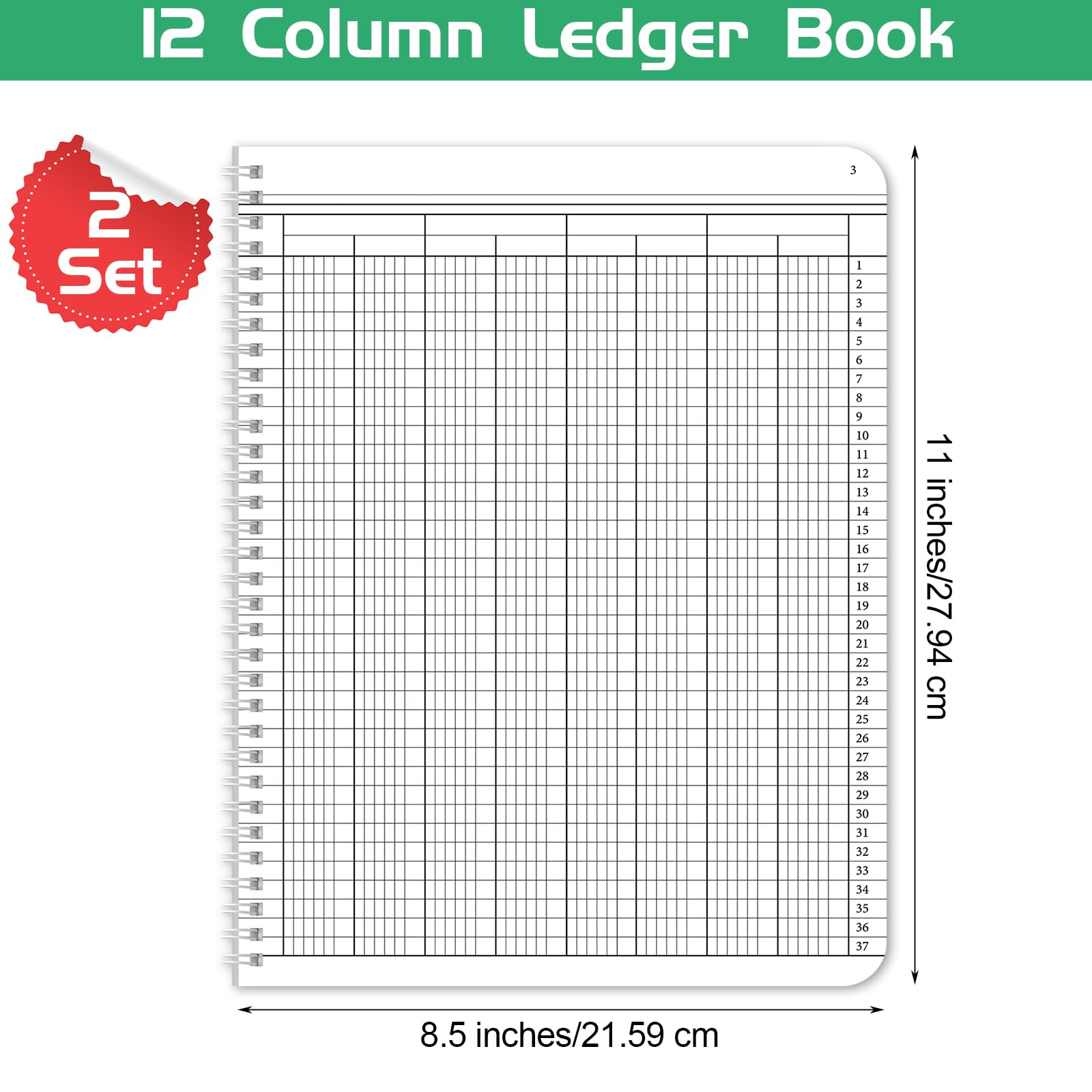 Sayglossy Juego de 2 libros contables de 8.5 x 11 pulgadas, libros columnares, cuaderno de contabilidad, libro de registro columnar para negocios, Wire-O, 100 hojas/juego (12 columnas)