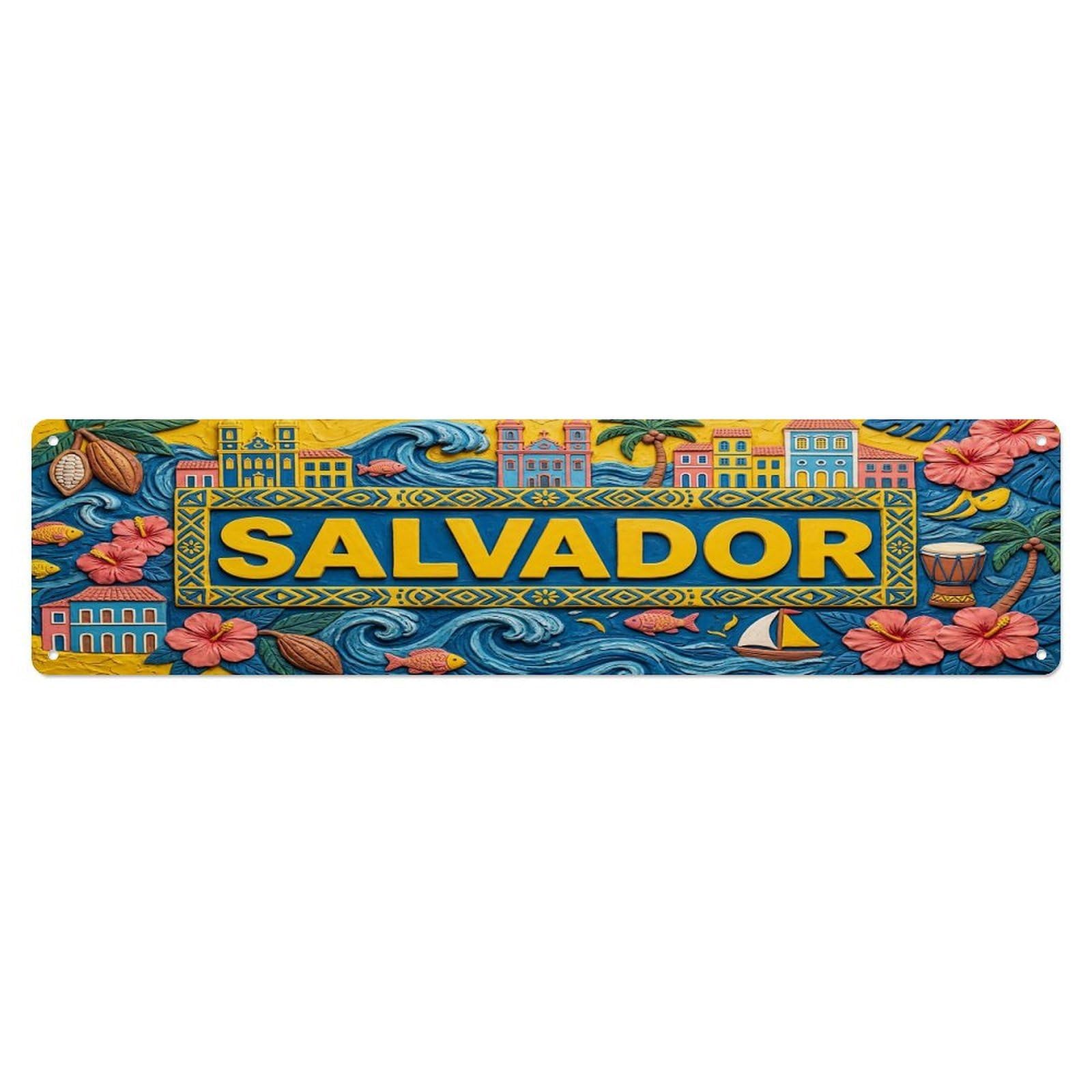 Cwbufd Vintage Style Vintage Salvador Brazil Flag Pattern Vintage Metal Tin Sign Plaque Wall Decor For Cafe, Club Bar, Office, Garden Metal Poster 4X16inch