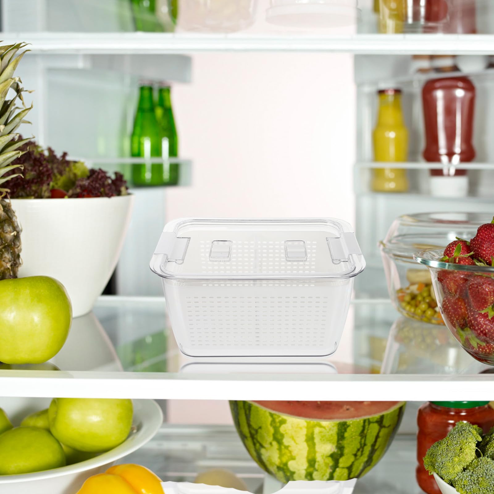 Gadpiparty Multifunktionale Frischebox mit Abtropfkorb und Deckel für Obst und Gemüse in Küche Luftdichte Aufbewahrungsbox aus Pet Pp und Abs für Zuhause