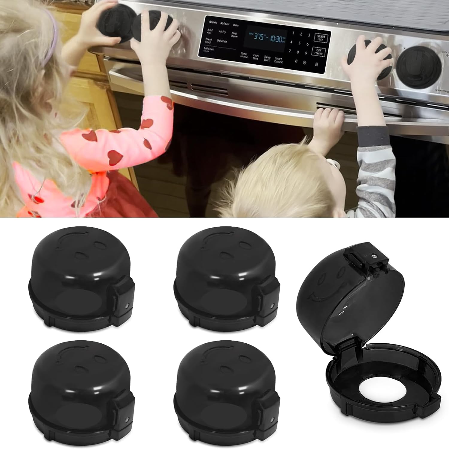 Oven Knob Covers for Child Safety 5 Pack, Black Stove Knob Safety Covers & Gas Stove Locks, Heat-Resistant Adhesive, Double-Key Baby Proof Covers for Gas/Electric Burners,Childproof Protector for Kids