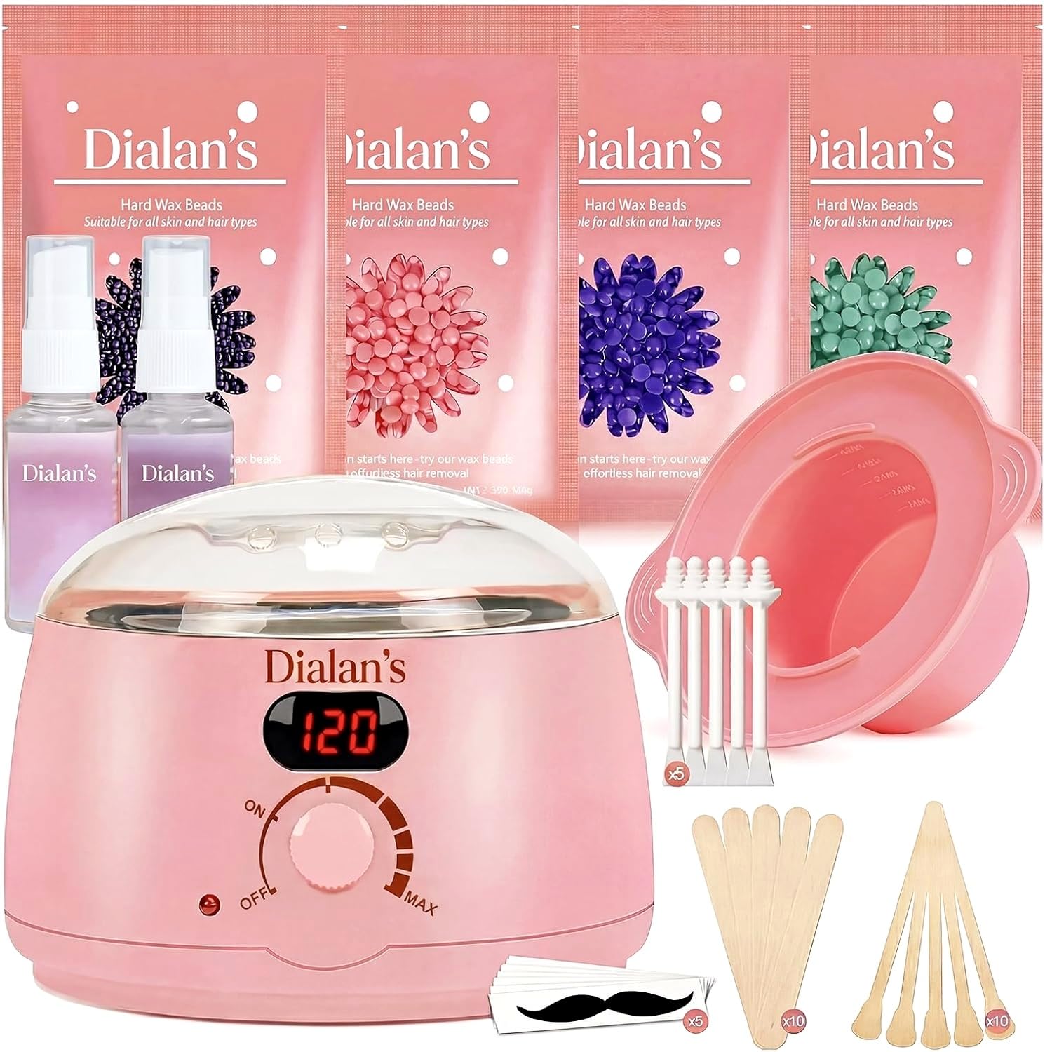 Chauffe Cire Epilation, Kit D'épilation à la cire Avec Affichage numérique Chauffe-cire, Silicone Bol, Perles Dure Pour le visage/Bras/Jambe/Bikini, Tous Les Types de Cheveux - rose