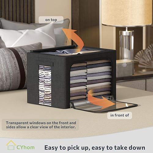 Miniatura 2 de Caja de almacenamiento de ropa, juego organizador plegable de tela de lino con ventana transparente, asas de transporte y marco de metal (negro,