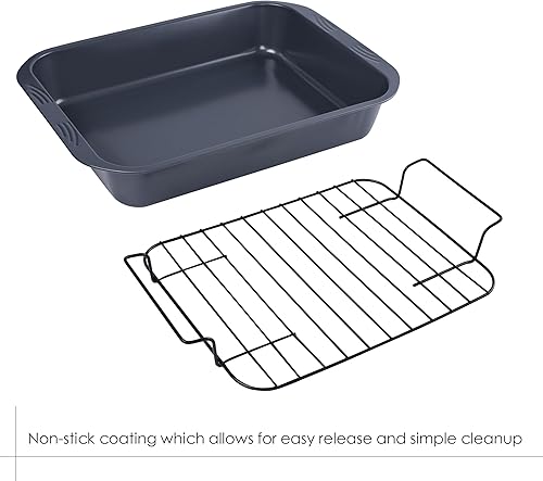 Miniatura 5 de Sartenes para asar con estante, asador de pavo de 15 x 10.5 x 2.5 pulgadas para pavo pequeño, pollo, carnes y verduras, lasaña (gris)