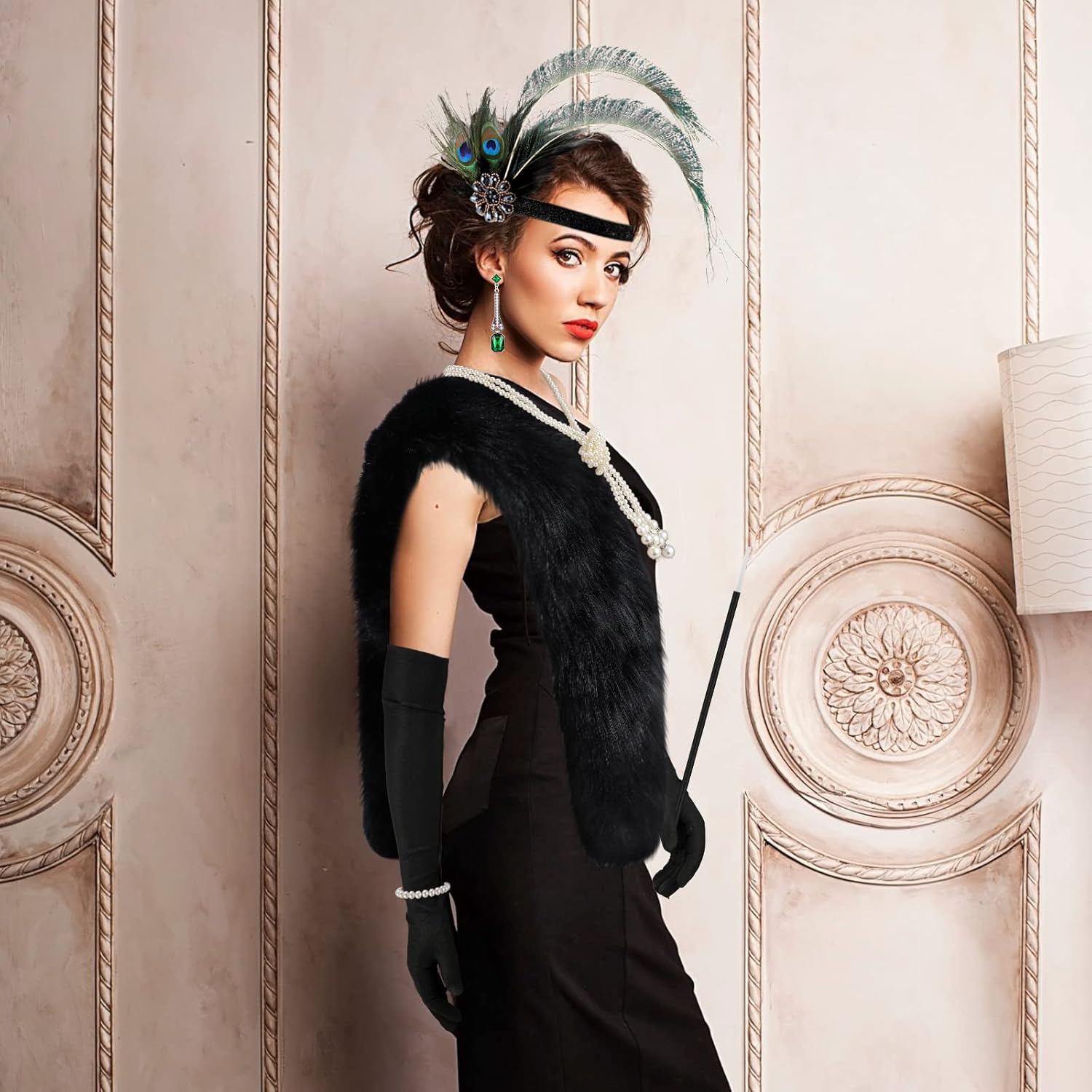 20s Flapper Accessories for Women 1920s Costume Accessories Set Halloween Fur Faux Scarf Headpiece Necklace Earrings Gloves(Modern) Multicolored - Image 2