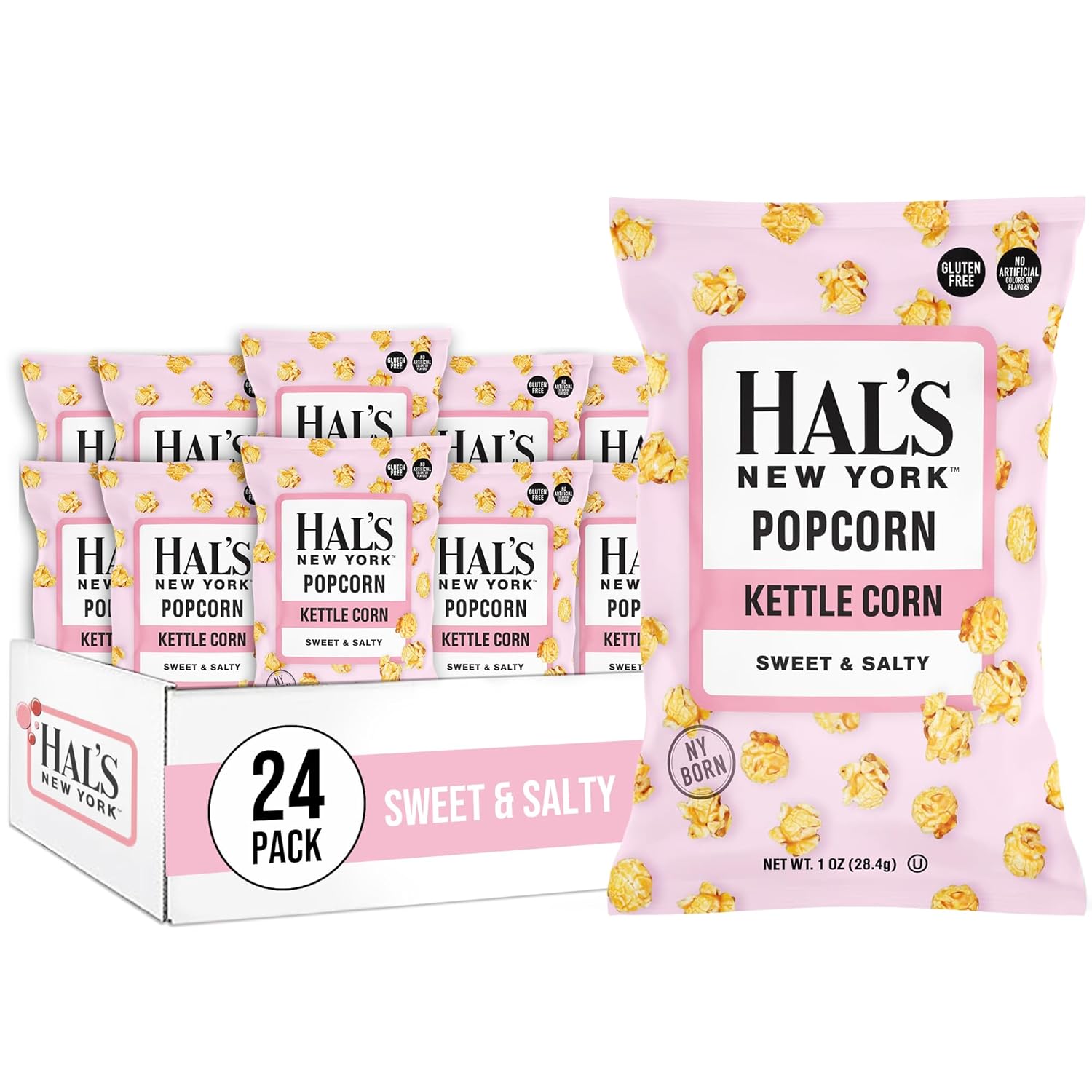 Hal's New York Kettle Cooked Potato Chips, Gluten Free (Sweet & Salty Popcorn, 1 oz Bag (Pack of 24))