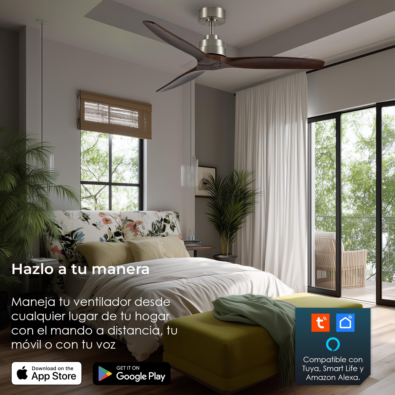 YOEVU HÉLIX Ventilador de Techo sin Luz, Mando a Distancia, 132 cm, Nogal
