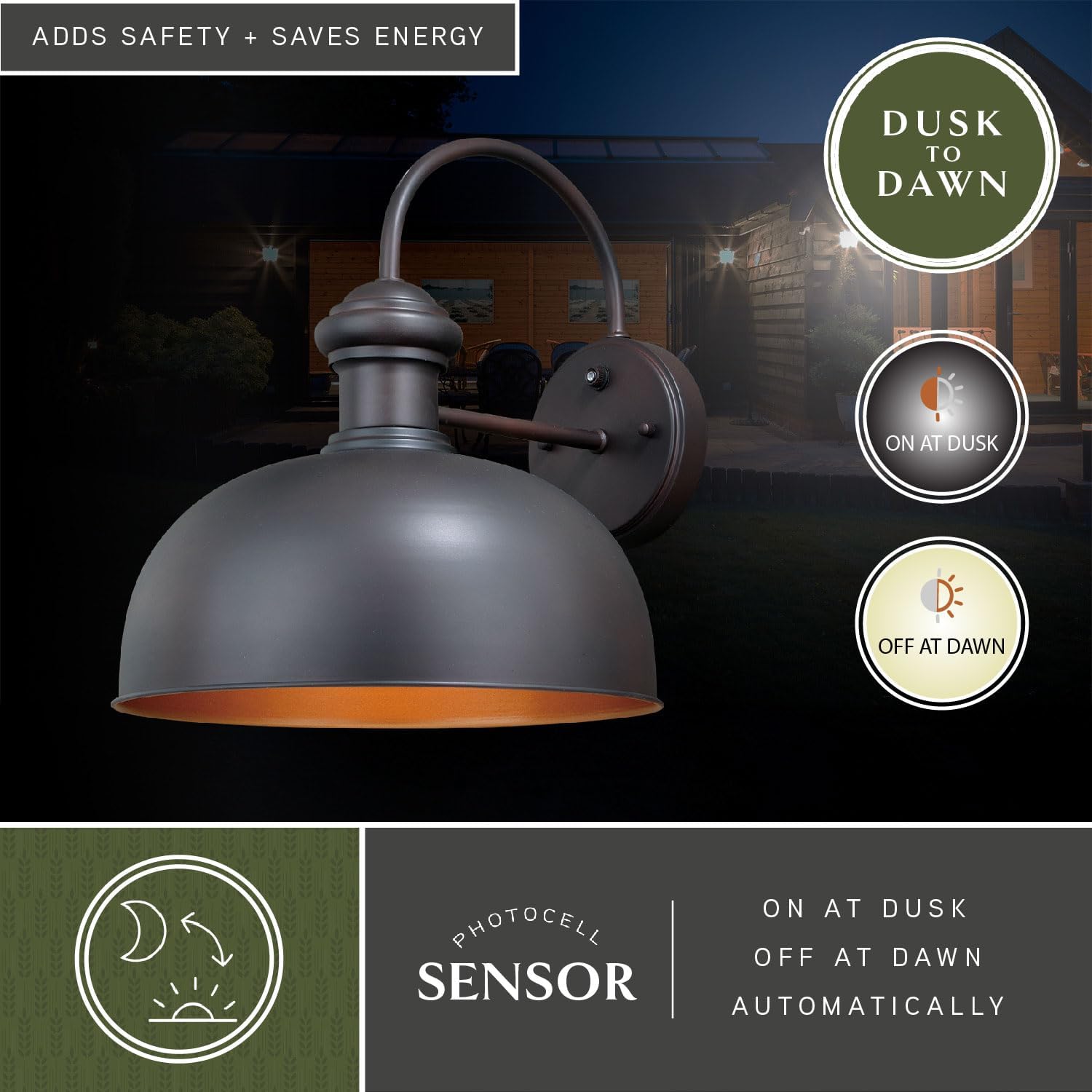 VAXCEL Franklin 15 in. H 1-Light Oil Burnished Bronze and Light Gold Dusk to Dawn Sensor Farmhouse Outdoor Wall Sconce, Metal Shade, Dark Sky Compliant for Exterior Porch Patio Front Door or Garage