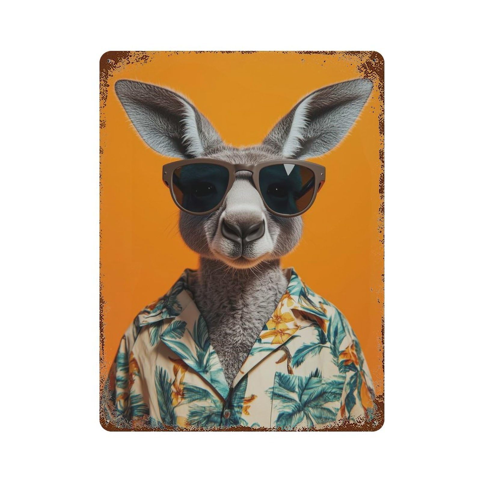 Distressed Metal Wall Sign with Cool Kangaroo in Hawaiian Shirt Design 15.7"x11.8", for Farmhouse, Kitchen And Entryway Decor, Old School Wall Decor