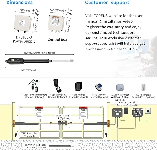 Miniatura 6 de TOPENS PW302 - Abridor de puerta oscilante doble, motor de puerta automático ligero para puertas batientes dobles de hasta 12 pies por brazo,