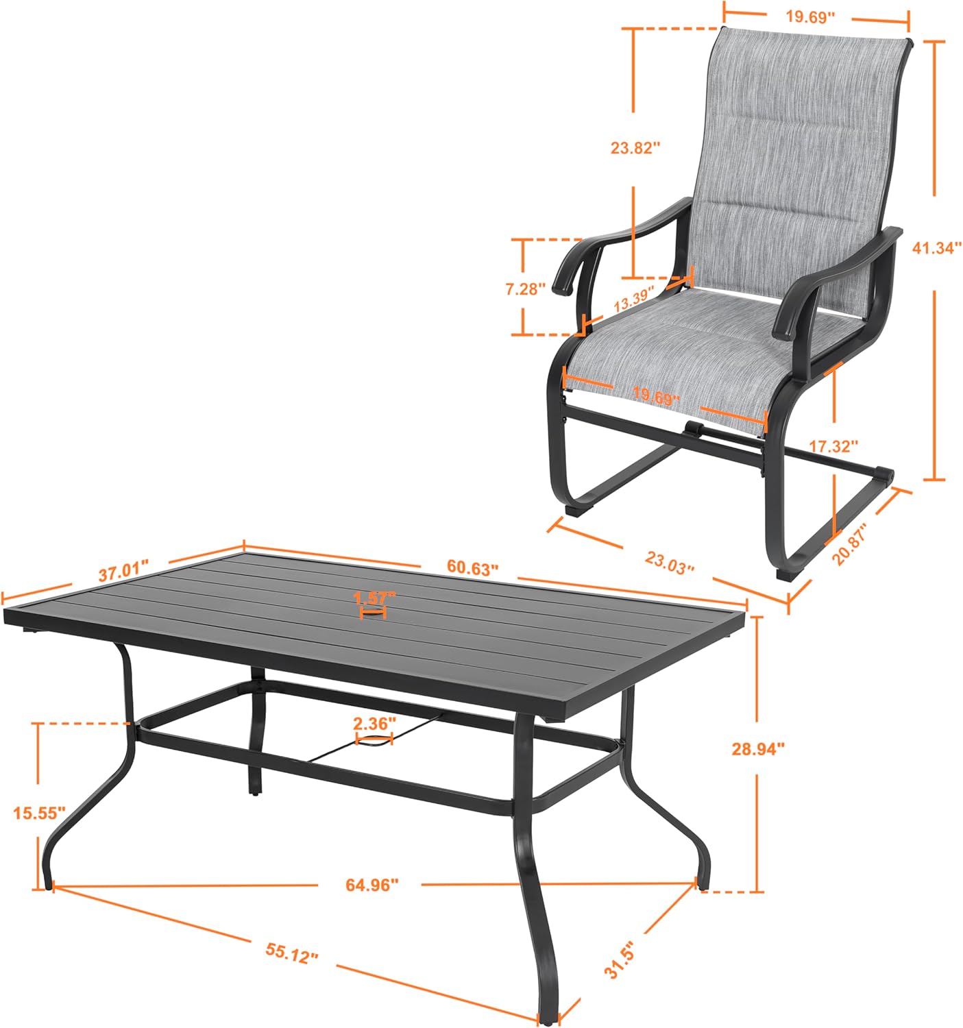 Diagram showing dimensions of the dining table and chair