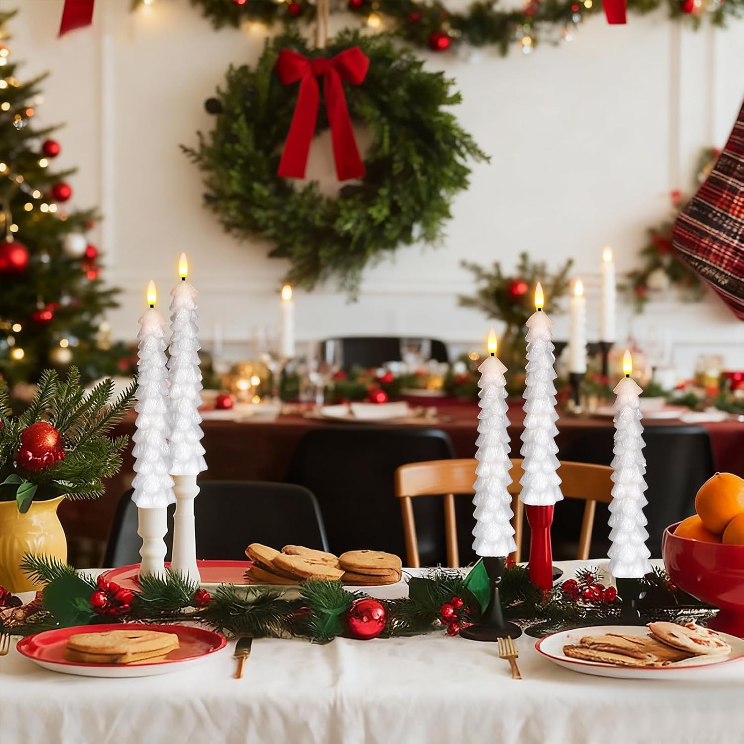 Christmas Tree Candles with Remote Timer, 4 Pcs Waxy Flameless Taper Candles Flickering, Battery Operated LED Candlesticks with 3D Flame Wick, White Window Candle for Christmas Decorations