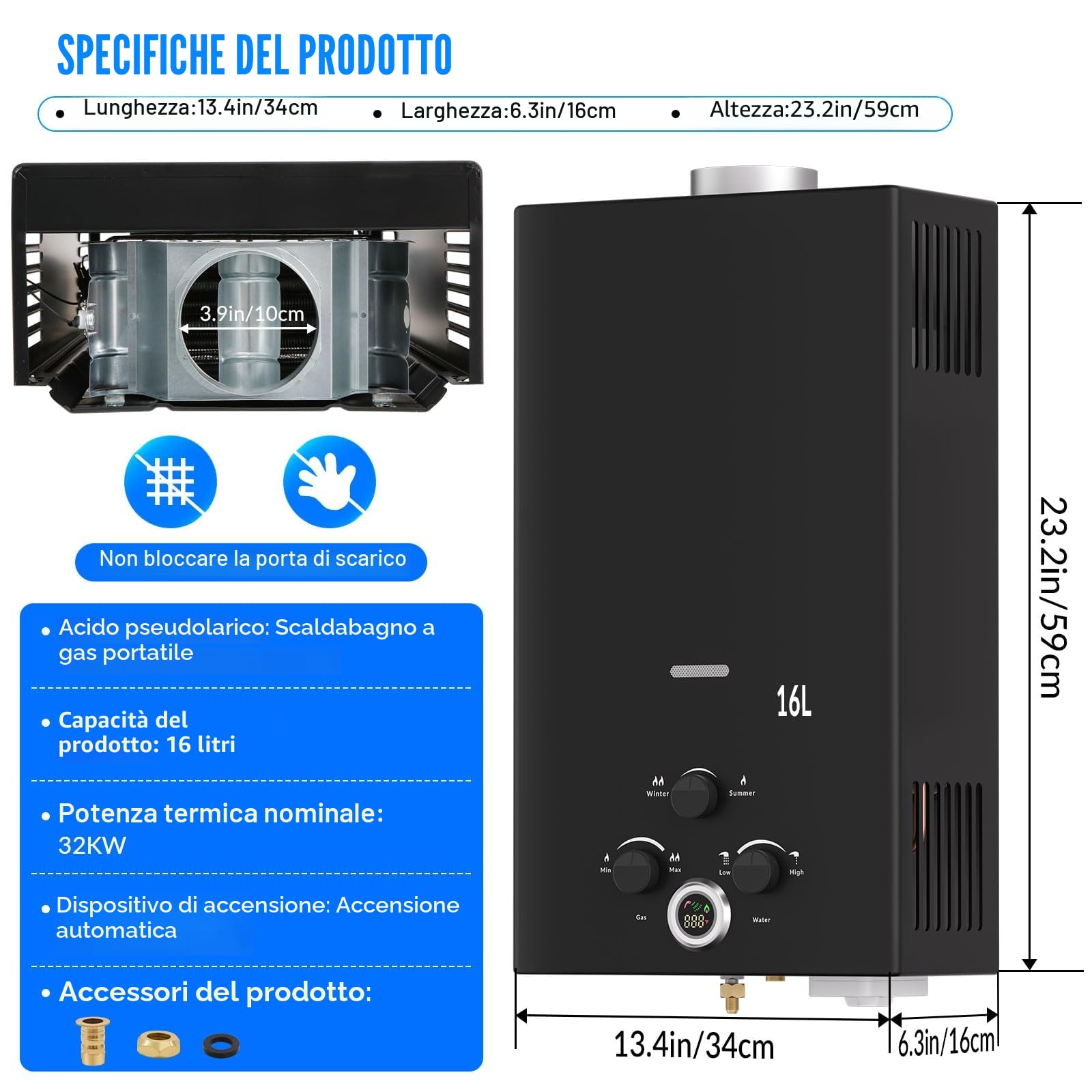 Scaldabagno a Gas 16L, All'aperto Portatile Scaldabagno Istantaneo a Propano con Display Digitale Multi-Protezione, Parete senza Serbatoio Scaldacqua Istantaneo Automatico, classe energetica A+