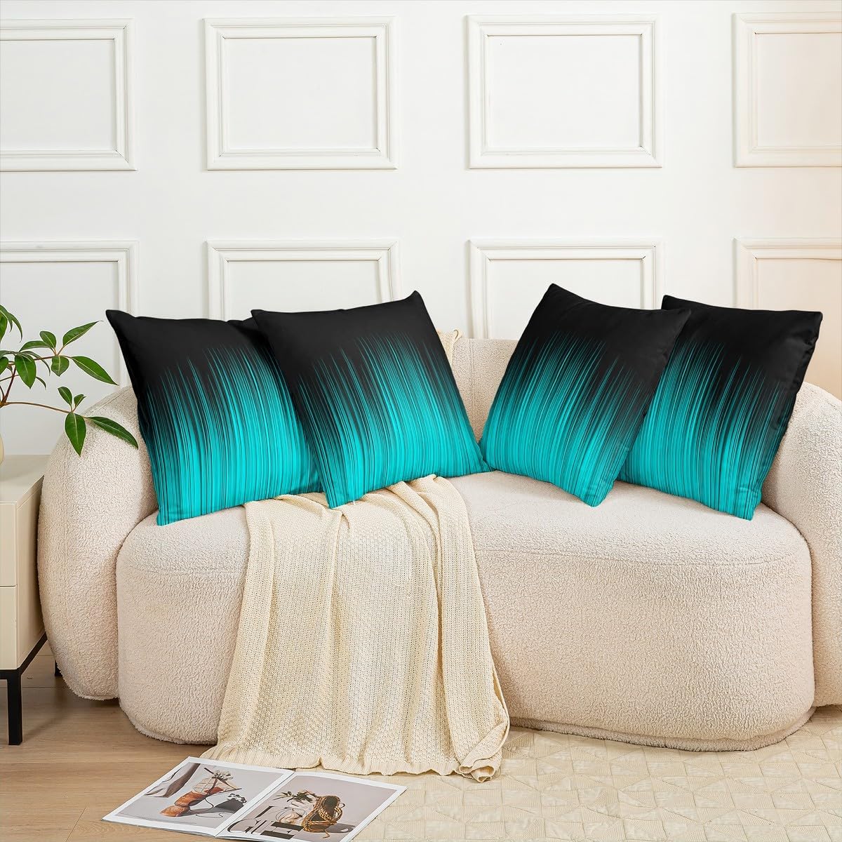 jejeloiu Pack of 2 Geometric Abstract Ombre Decorative Throw Pillow Covers, Soft Black Teal Blue Striped Square Cushion Case Set for Couch Sofa Bedroom, Modern Pillow Cases Pillowcases, 20x20 Inches