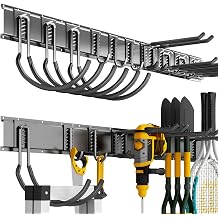 Garage Tool Organizer Wall Mount, 64 Inch Heavy Duty Garden Tool Organizer Storage System, Easy Install with 10 Adjustable Hooks, for Garage, Basement, Shed, Workshop, Black, Steel