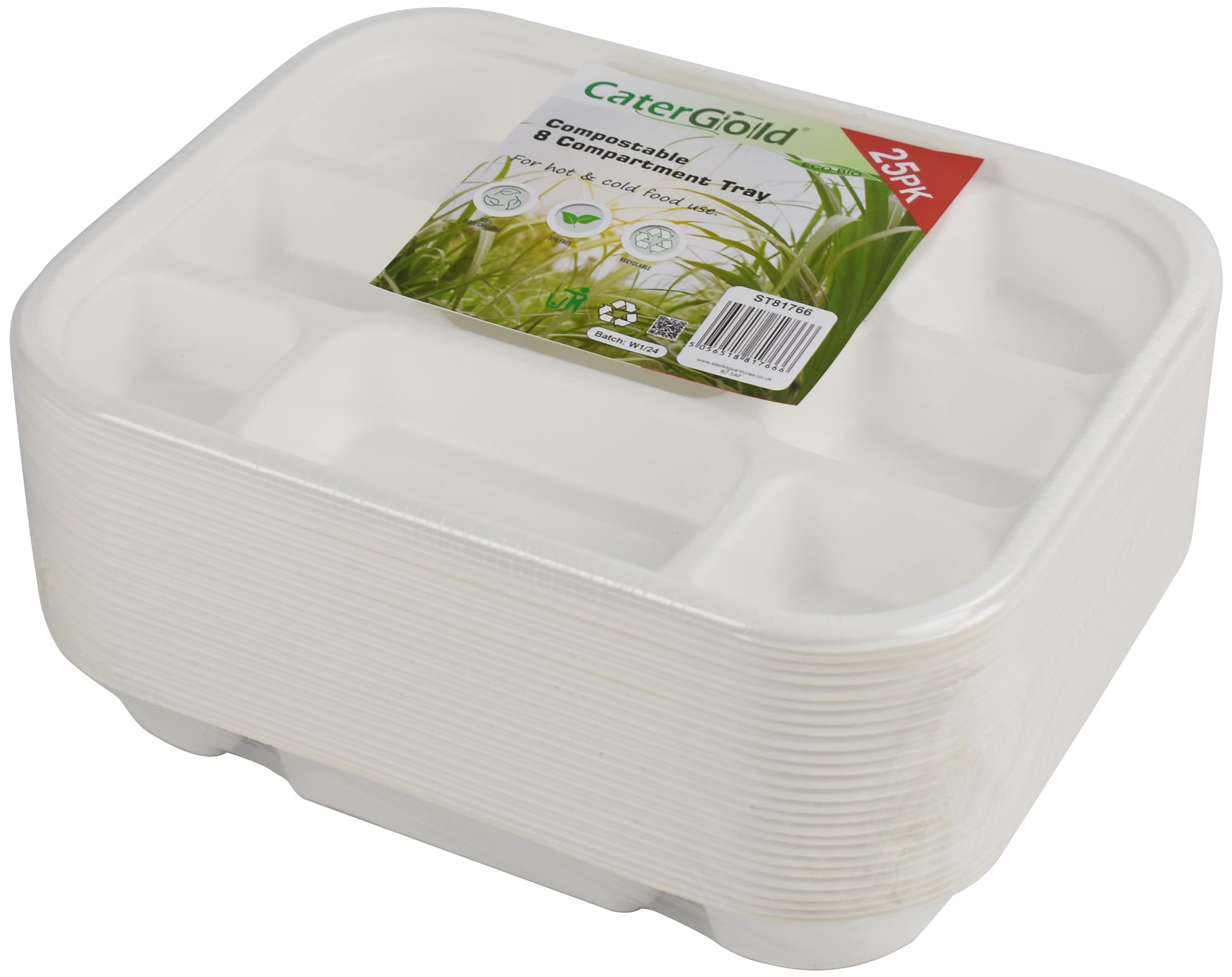 Catergold Sturdy Disposable Bagasse Paper 8 Compartment Trays 28 x 23 x 4 cm. 25pk