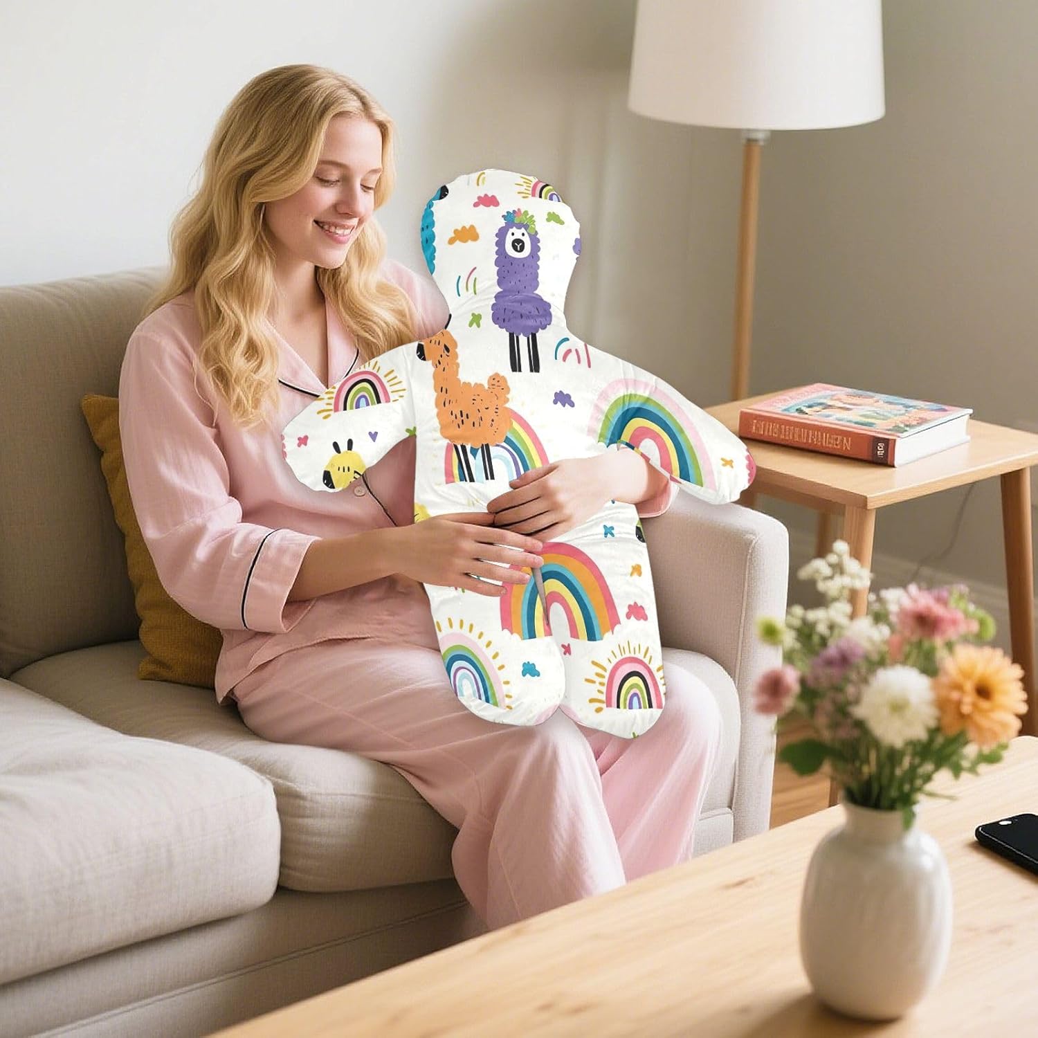 Rainbows and Llama Human-Shaped Pillow Soft Body Pillows Washable Velvet Pillows for Anxiety Relief Sleeping Cuddling & Support