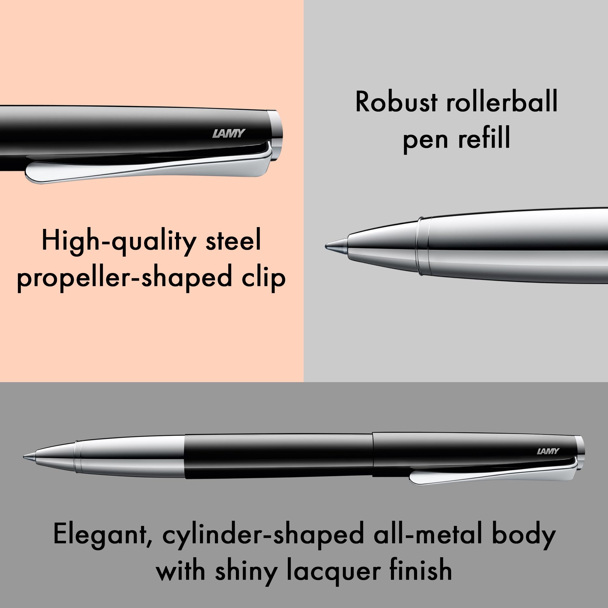 Lamy studio pianoblack roller - universale con involucro elegante in metallo - con clip a forma di elica e larghezza di tratto M - con refill roller M 63 nero