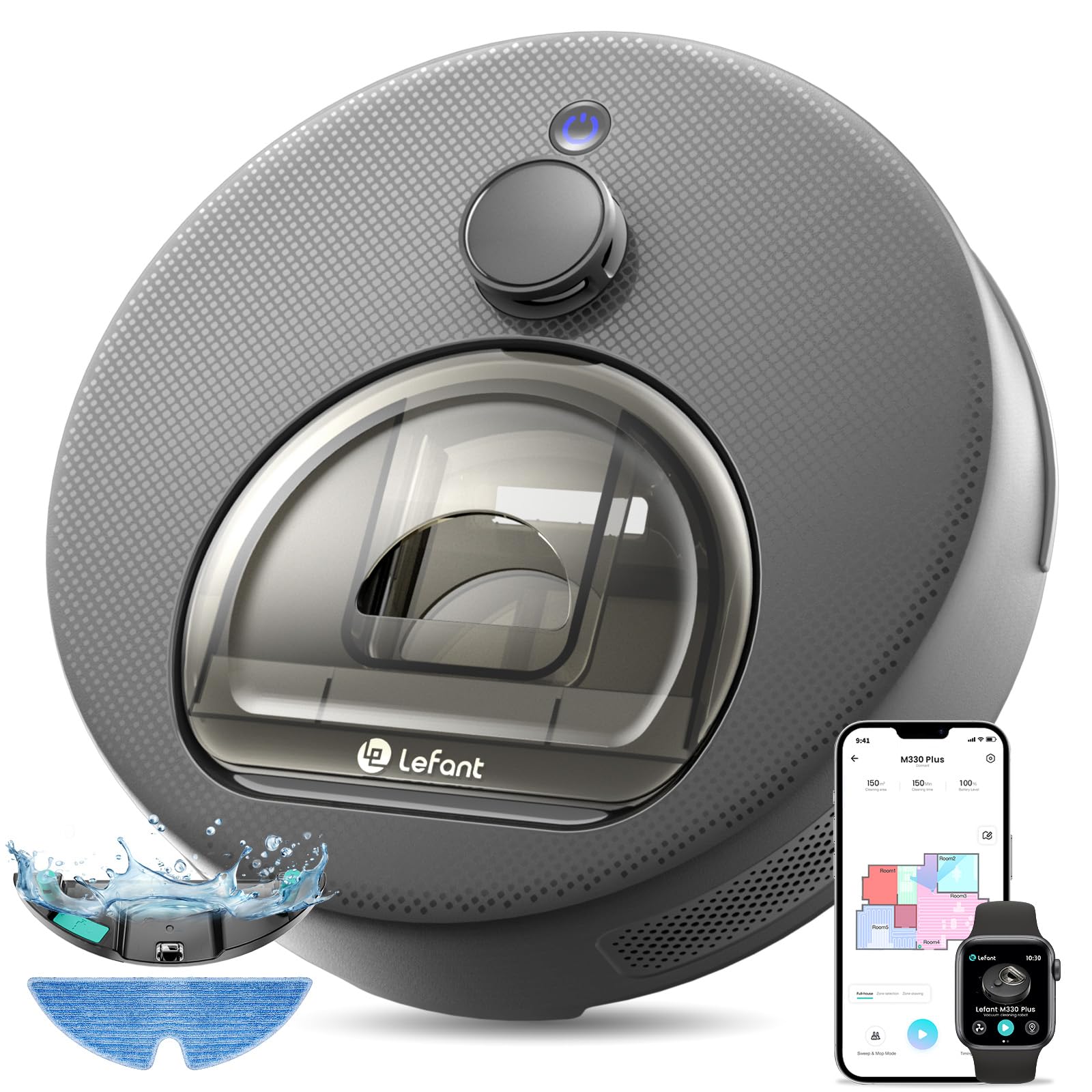 Lefant M330 Plus Robot Aspirador,Anticolisión,5000Pa,Aspiración y fregado simultáneos,Mapeo Inteligente,Navegación LiDAR,Prevención de obstáculos,Recogida de Pelo de Mascotas,Gris